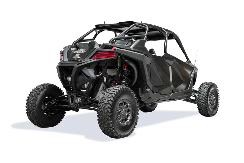 2022+ RZR Pro R aftermarket components such as front and rear bumpers, radius rods, radius rod plates, roof racks, utility bed boxes, rock guards, sway bar links, and roll cages.
