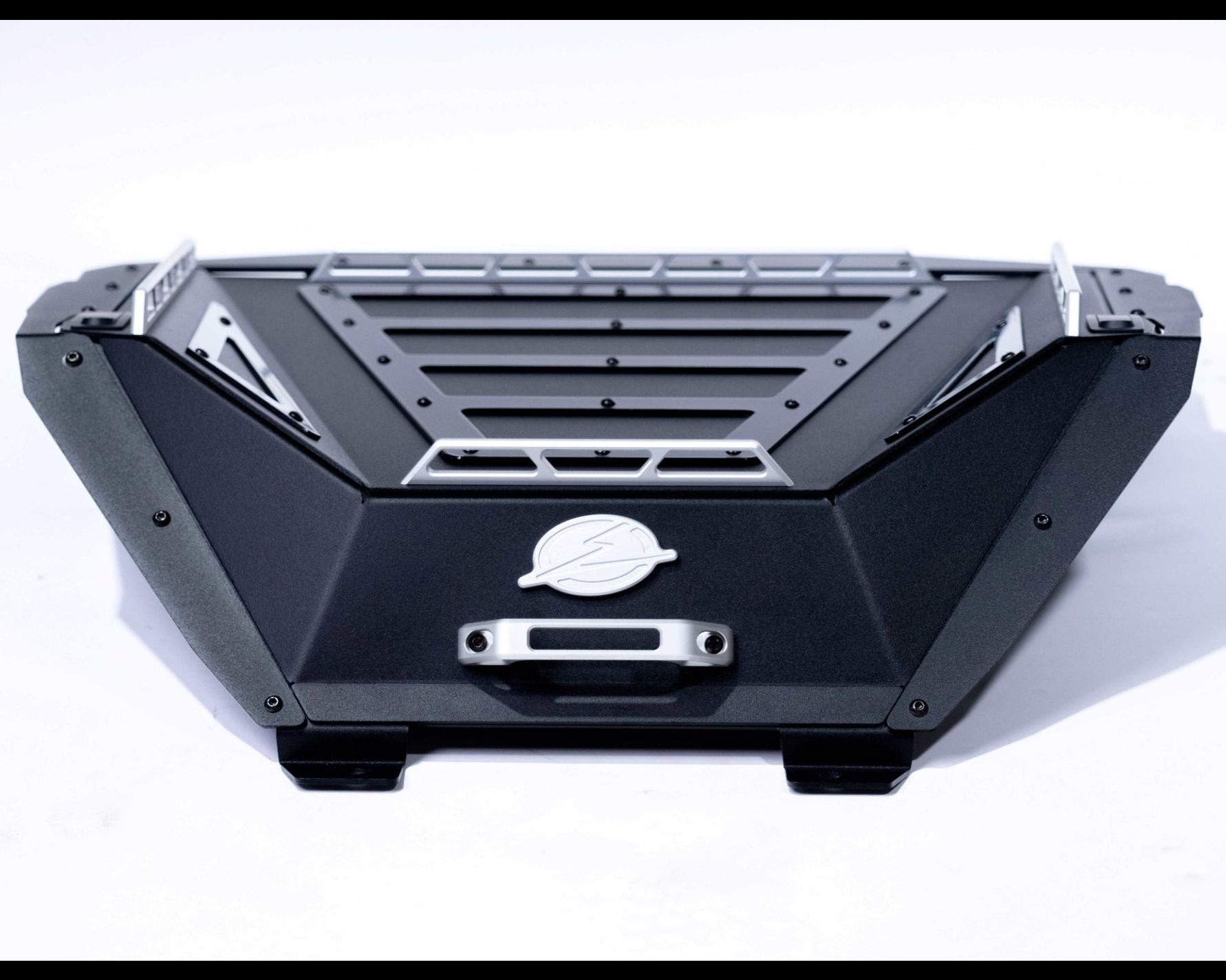 Rear view of Polaris RZR Baja bed box installed showing tie-down rail layout