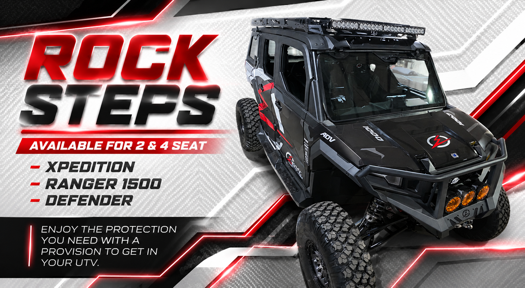 Elektric Offroad Rock Steps promotional banner showing a black UTV with roof rack and light bar installed, listing availability for Polaris Xpedition, Ranger 1500, and Can-Am Defender in 2-seat and 4-seat configurations