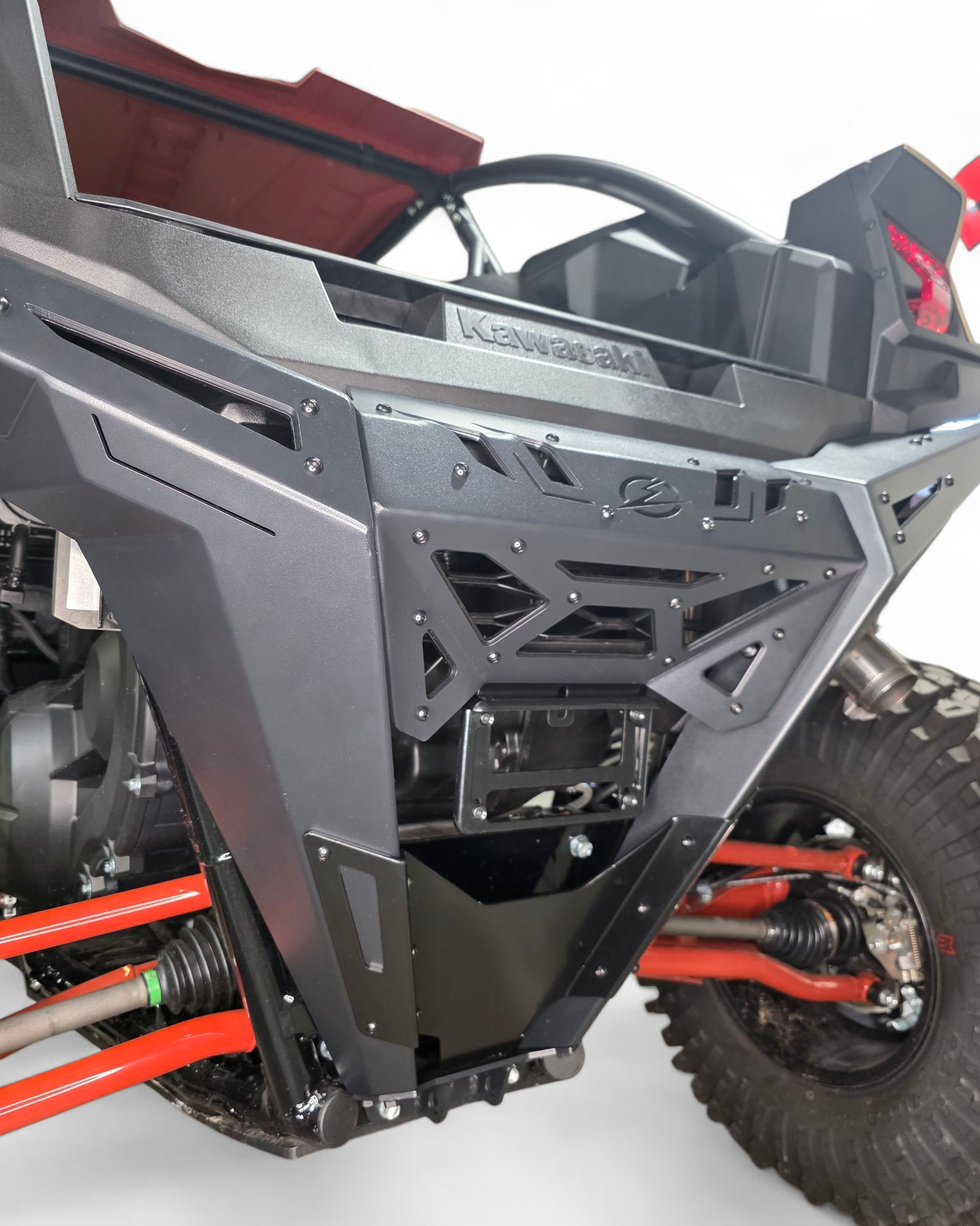 Kawasaki KRX 1000 rear bumper shown protecting the rear plastics on the trail