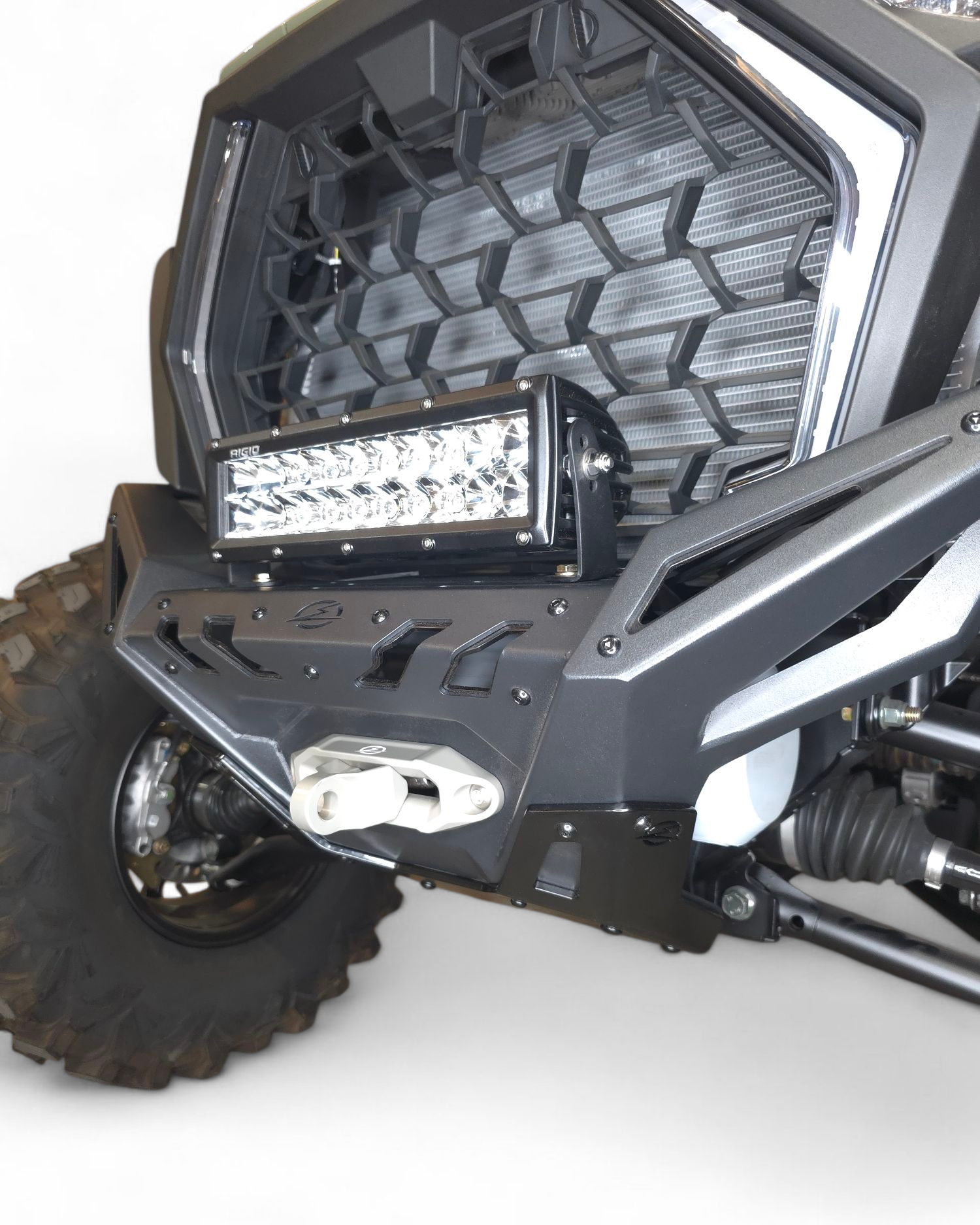 Polaris RZR Pro XP Volt front winch bumper shown on the trail demonstrating front-end protection