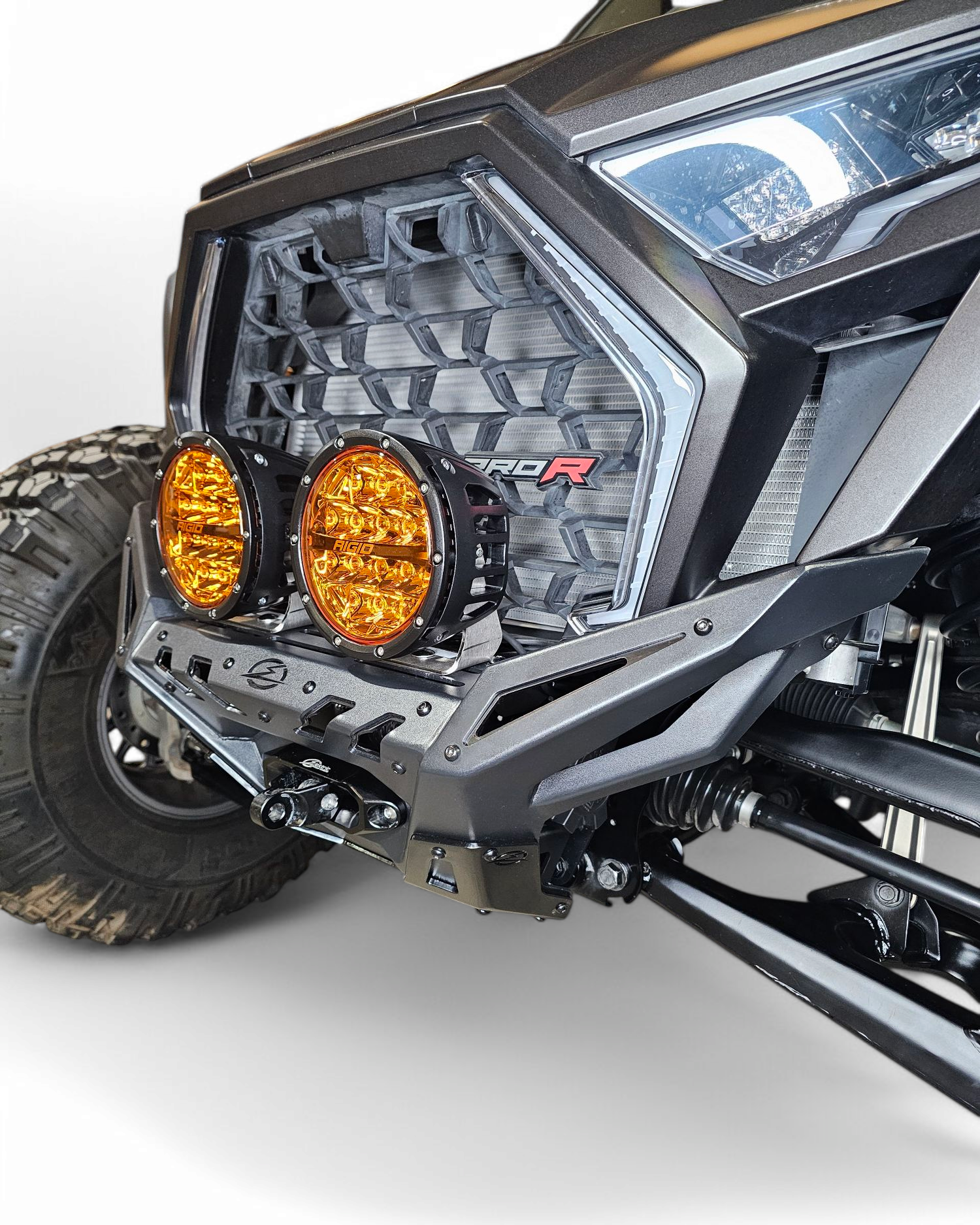 Volt Series Front Winch Bumper installed on Polaris RZR Pro R showing heavy-gauge steel construction in satin black