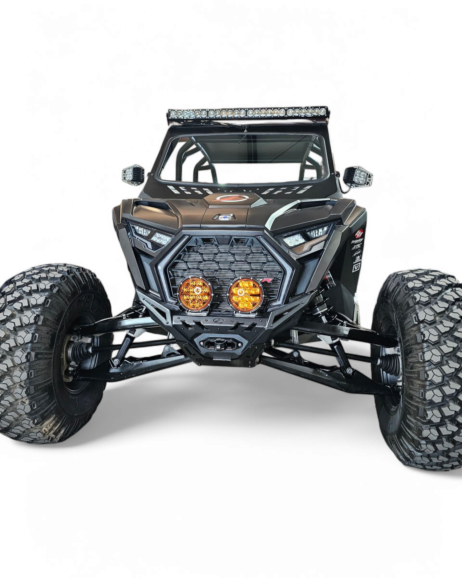 Polaris RZR Pro R heavy duty front winch bumper shown installed in black powder coat