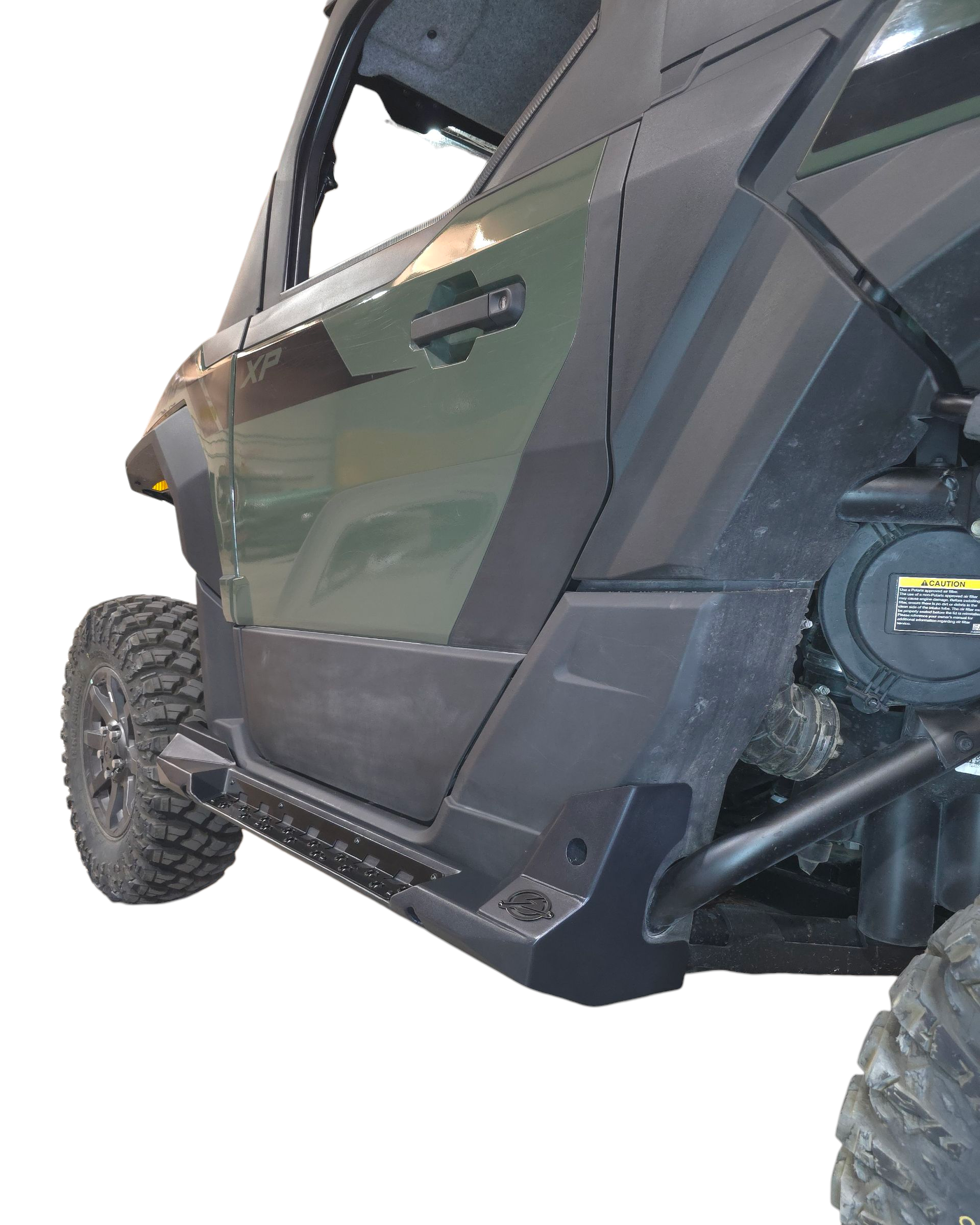 Passenger side rock step on Polaris Xpedition showing frame protection