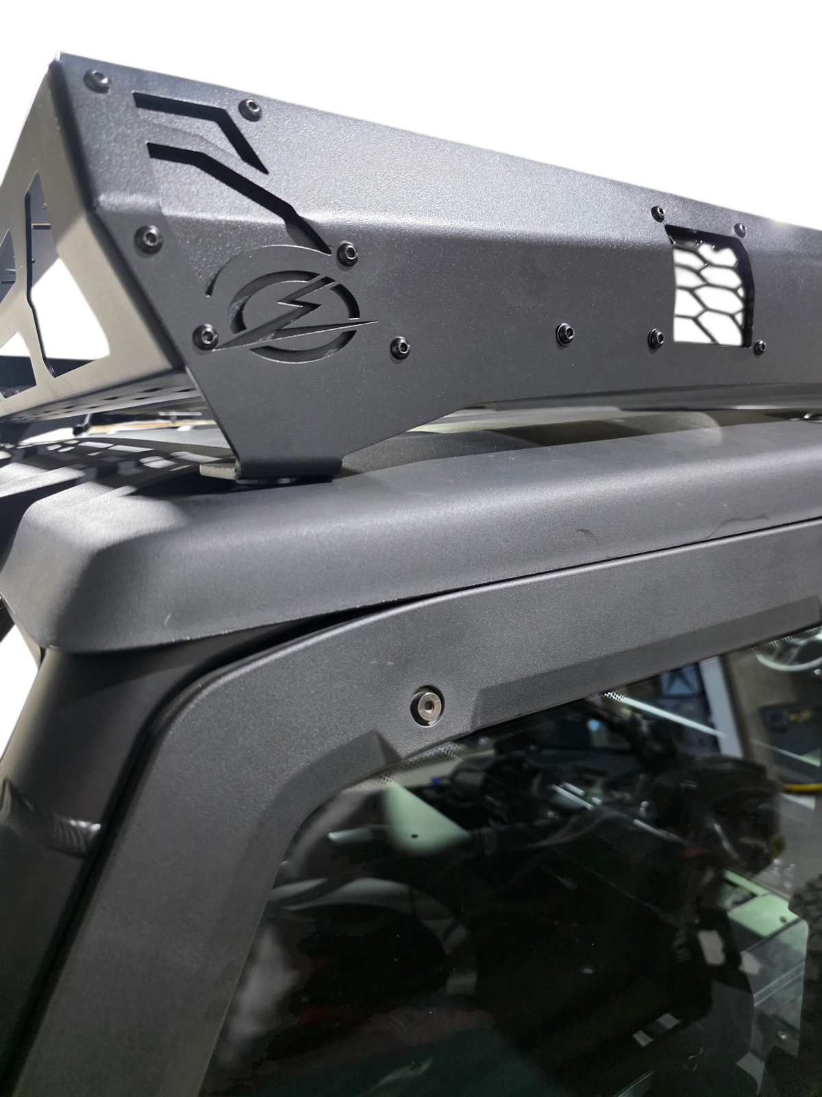 Alternate close-up of the roof rack corner and mounted light on the Xpedition roof