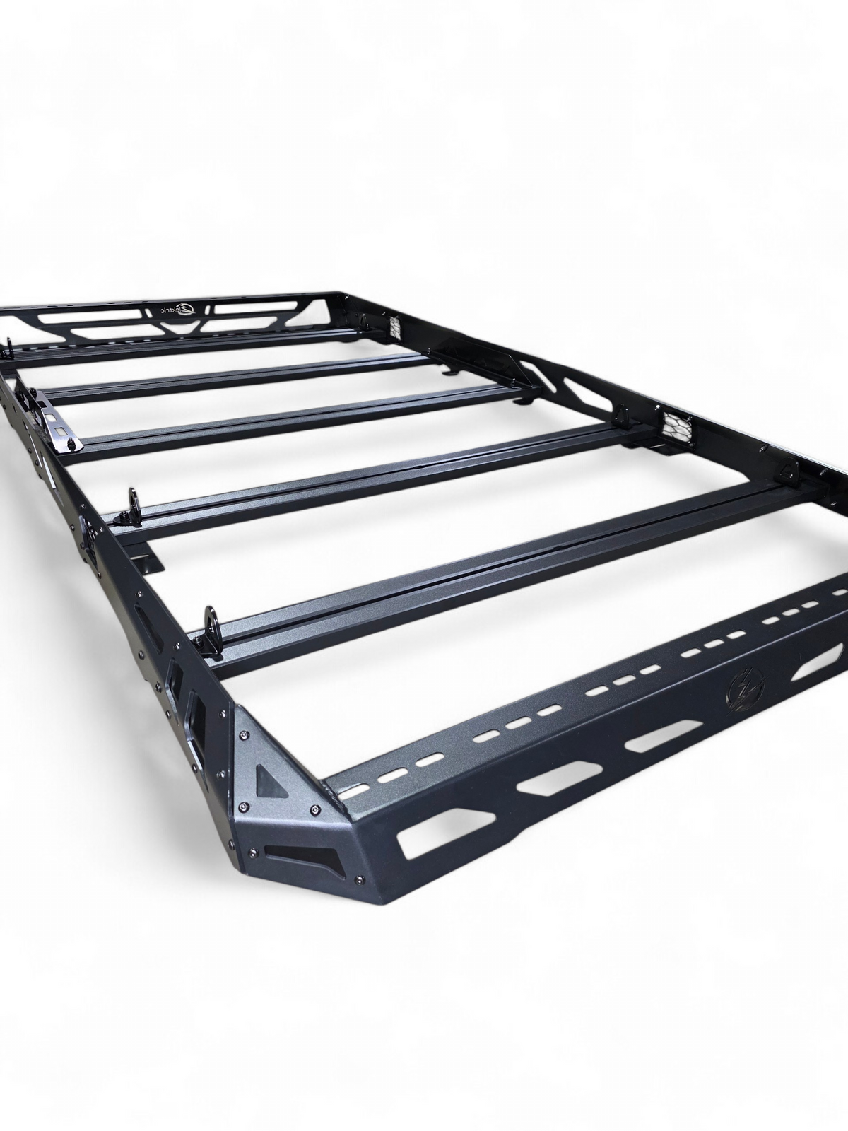 Angled view of the EOD roof rack frame with crossbars on a white background