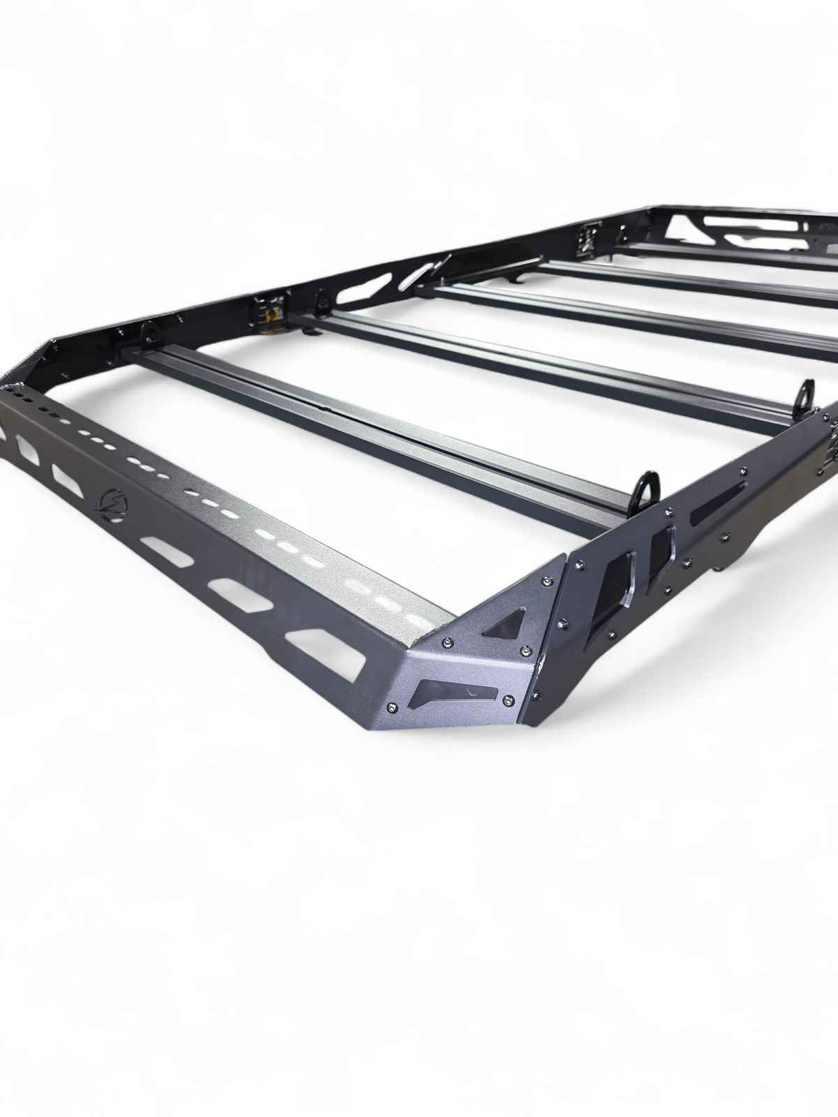 Angled corner view of the roof rack frame and T-slot crossbars