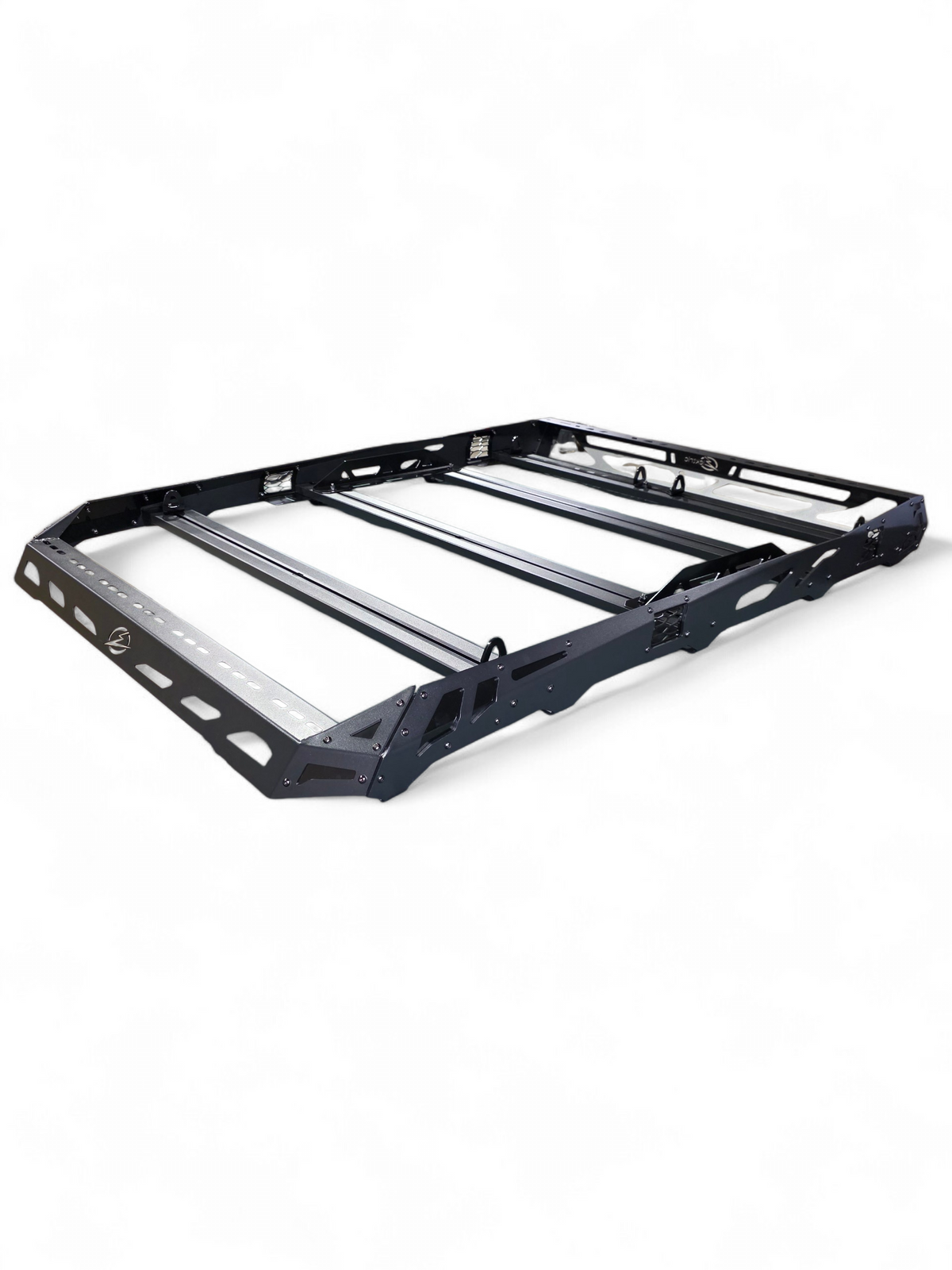 Three-quarter view of the roof rack with laser-cut side panels and four crossbars