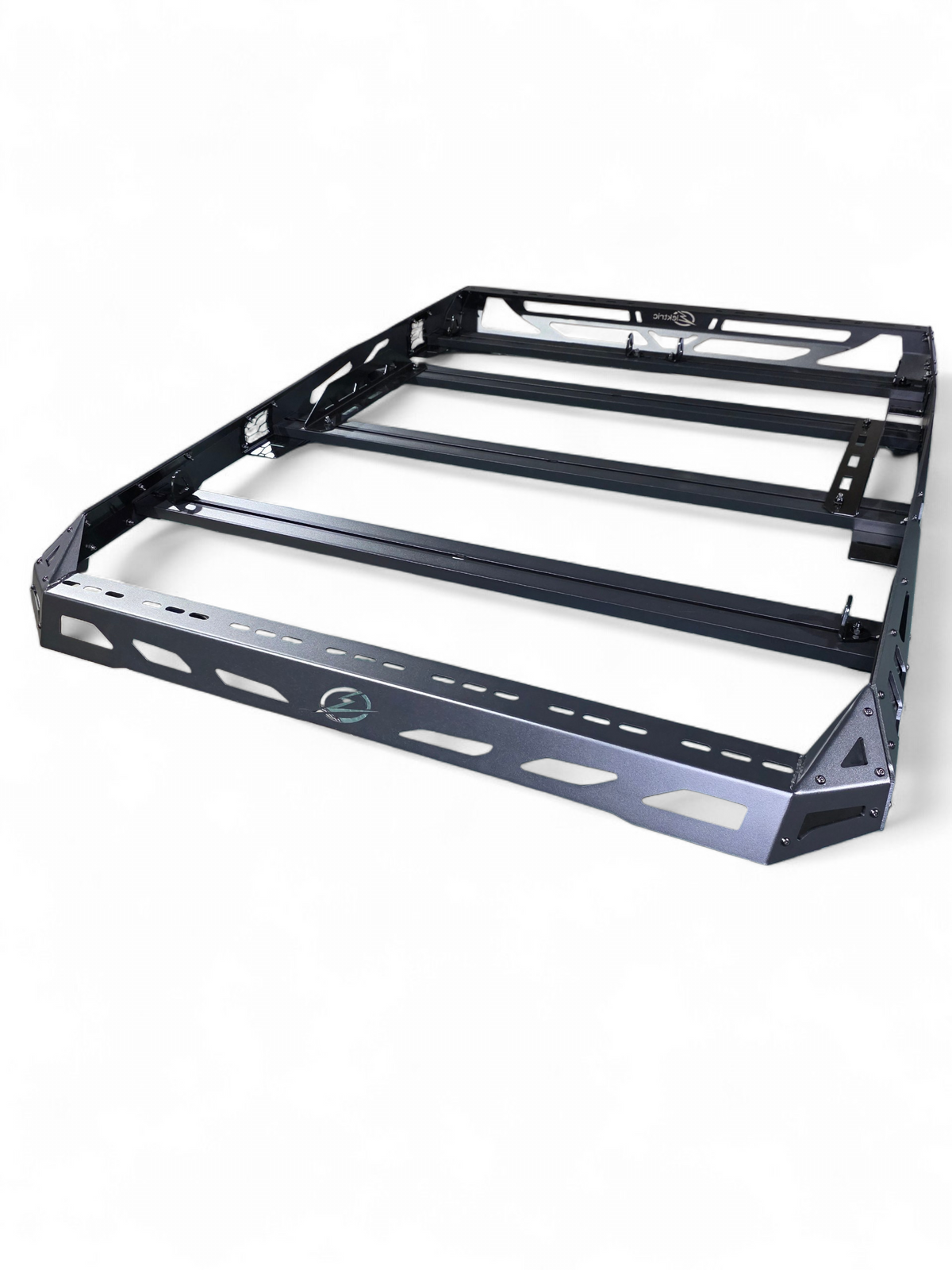 Overhead angle of the roof rack frame showing corner gussets and crossbar layout