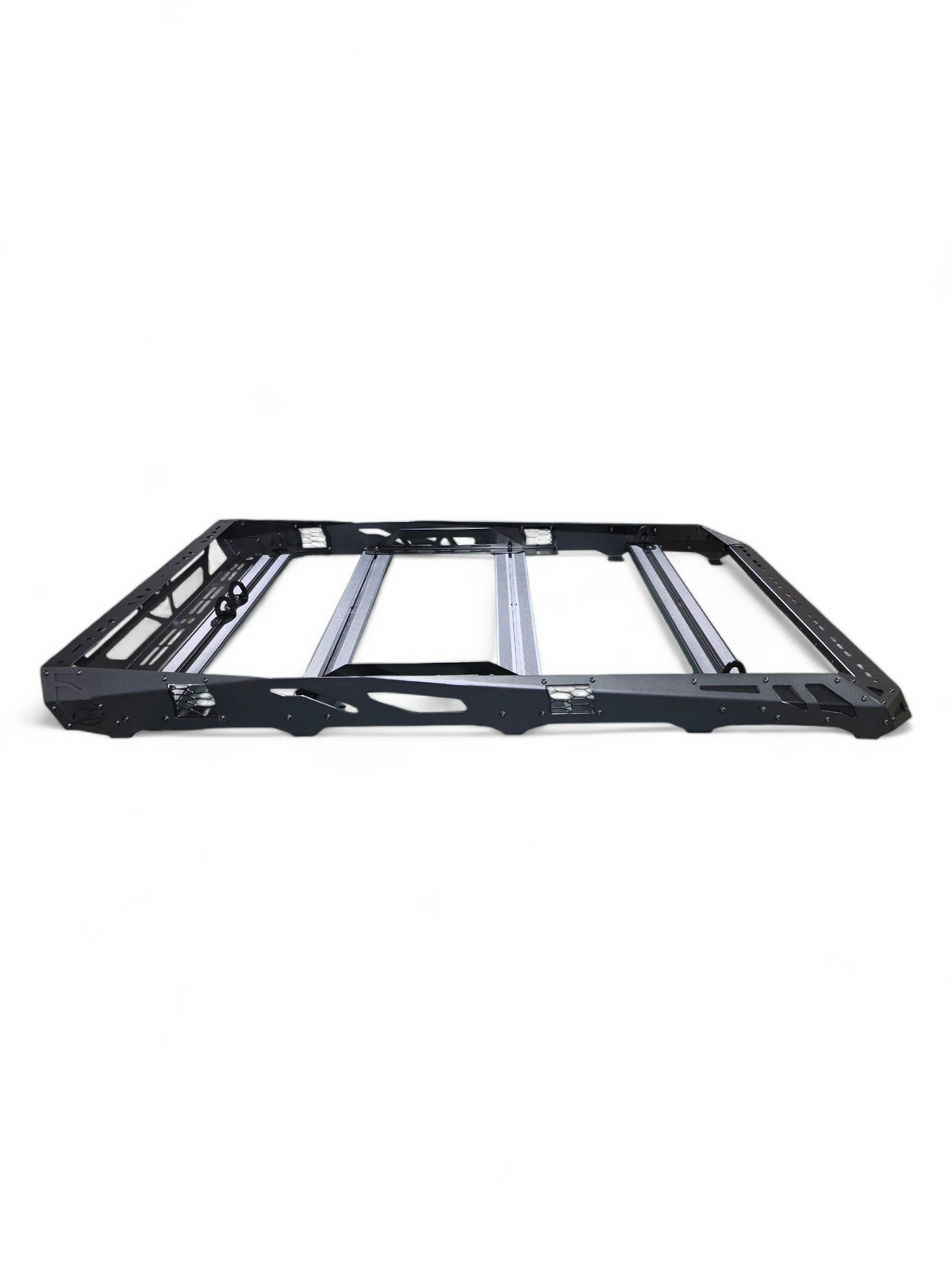 Low side profile of the black steel EOD roof rack with four crossbars on a white background