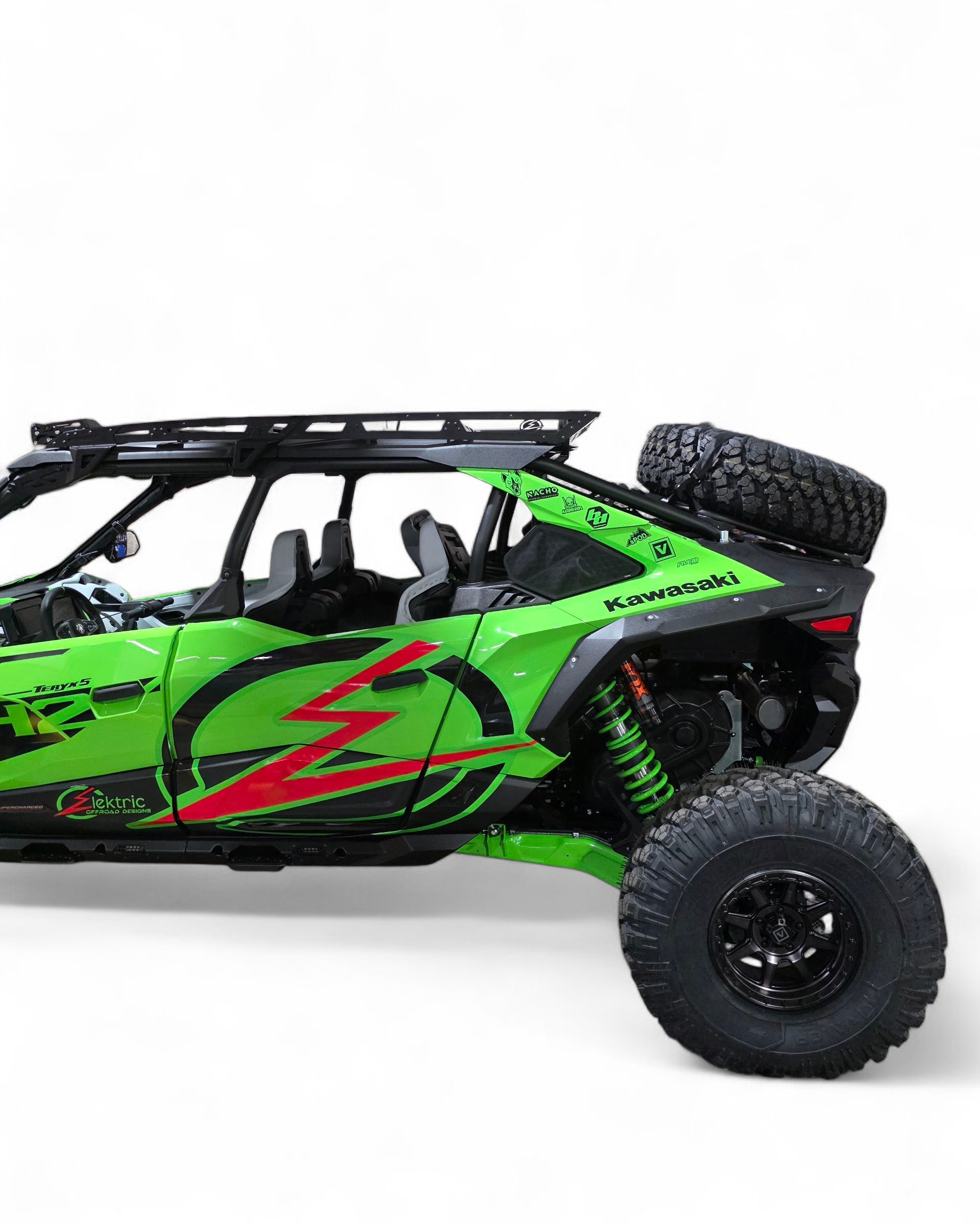 Kawasaki Teryx H2 roof rack shown at campsite loaded with overland gear