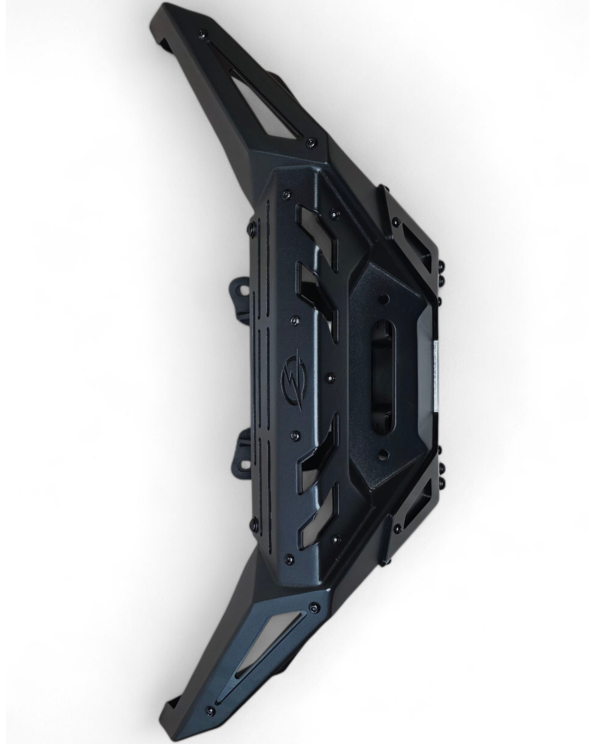 Polaris RZR Pro R heavy duty front winch bumper shown displaying full satin black finish