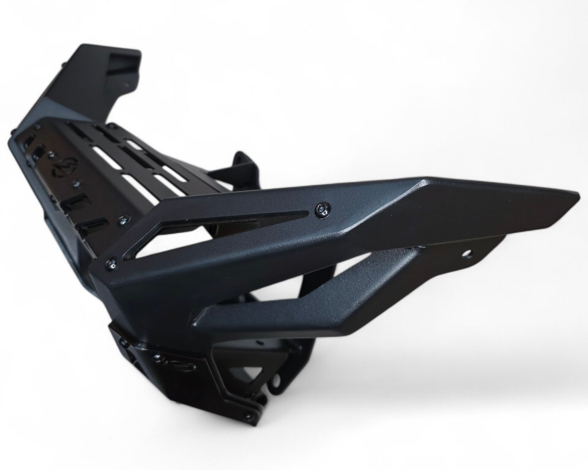 Passenger side view of Polaris RZR Pro R front winch bumper showing satin black panels
