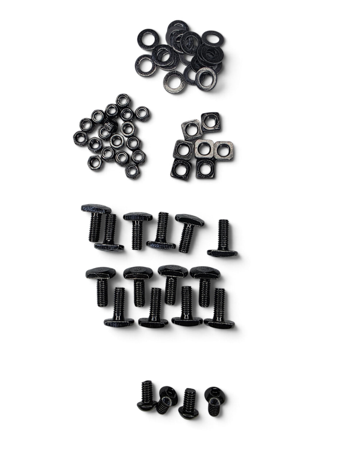 T-bolts, square nuts, and mounting hardware from the tie down kit