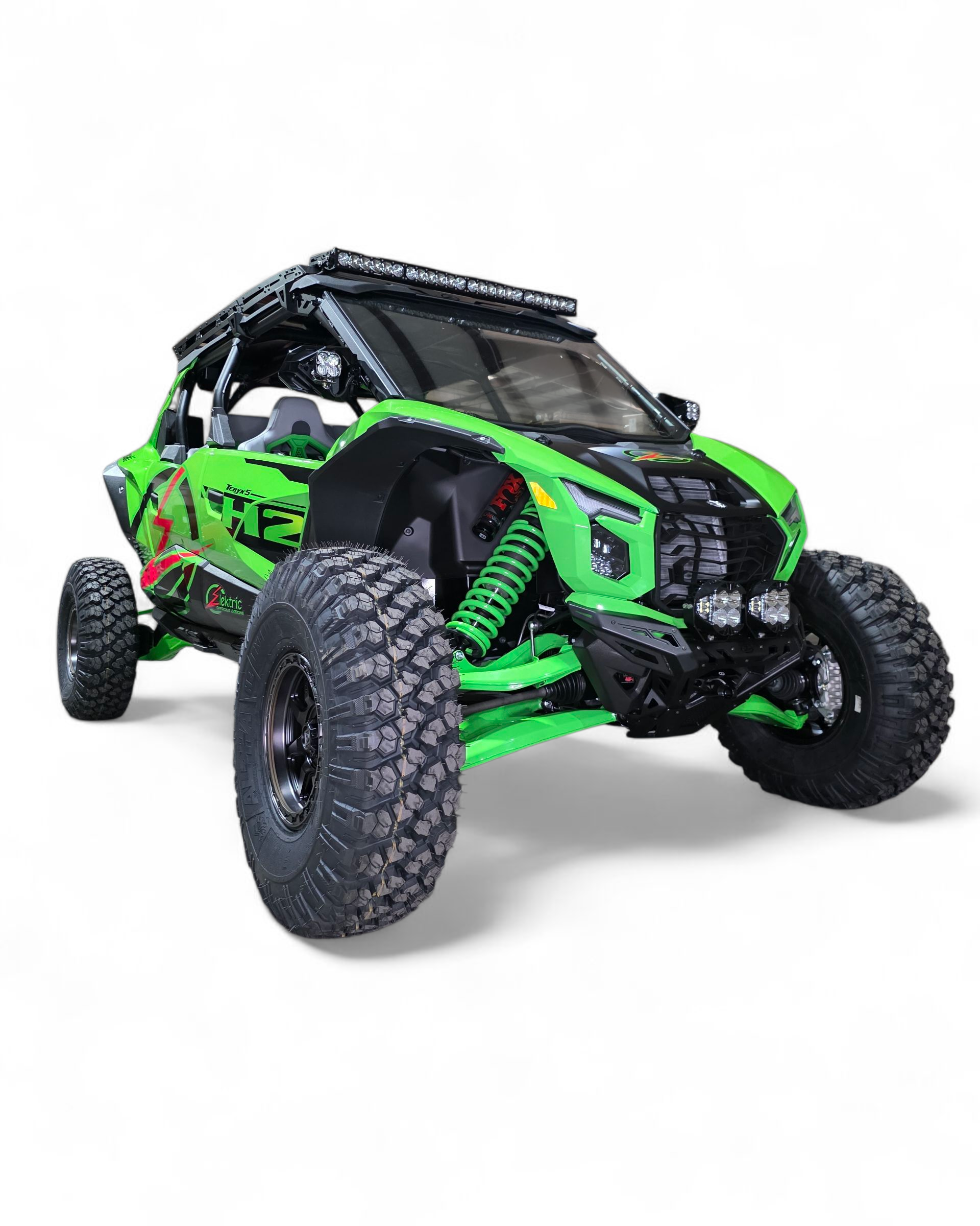 Passenger side view of Kawasaki Teryx H2 Volt front winch bumper showing front-end protection