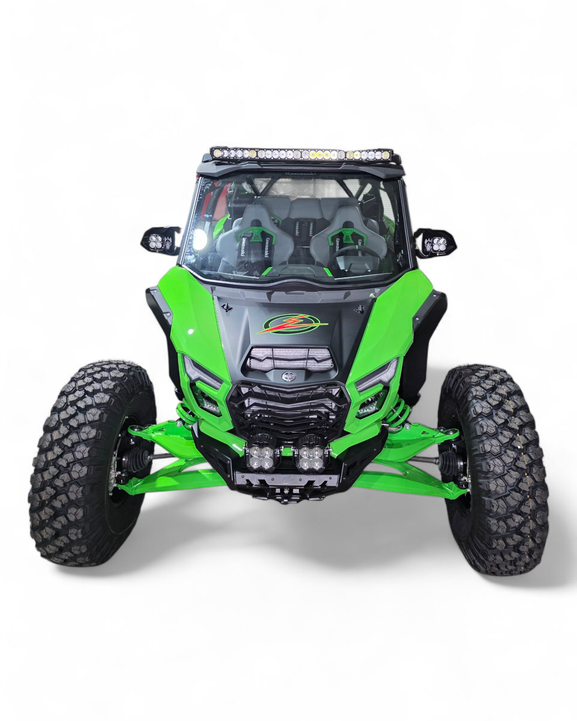 Front three-quarter view of Kawasaki Teryx H2 Volt front winch bumper showing aluminum panels and satin black finish