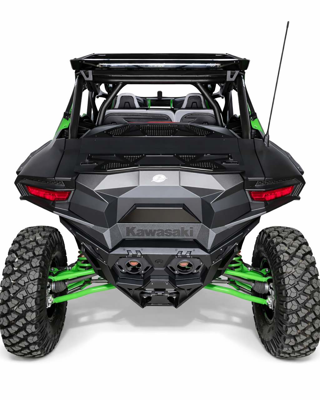 Rear three-quarter view of Kawasaki Teryx H2 Baja Bed Box showing satin black panels and laser-welded build