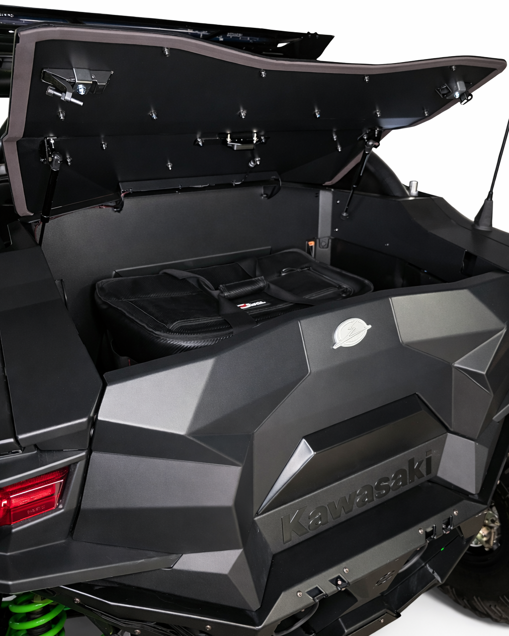 Hammer black powder coat and satin black panel finish on Kawasaki Teryx H2 Baja Bed Box