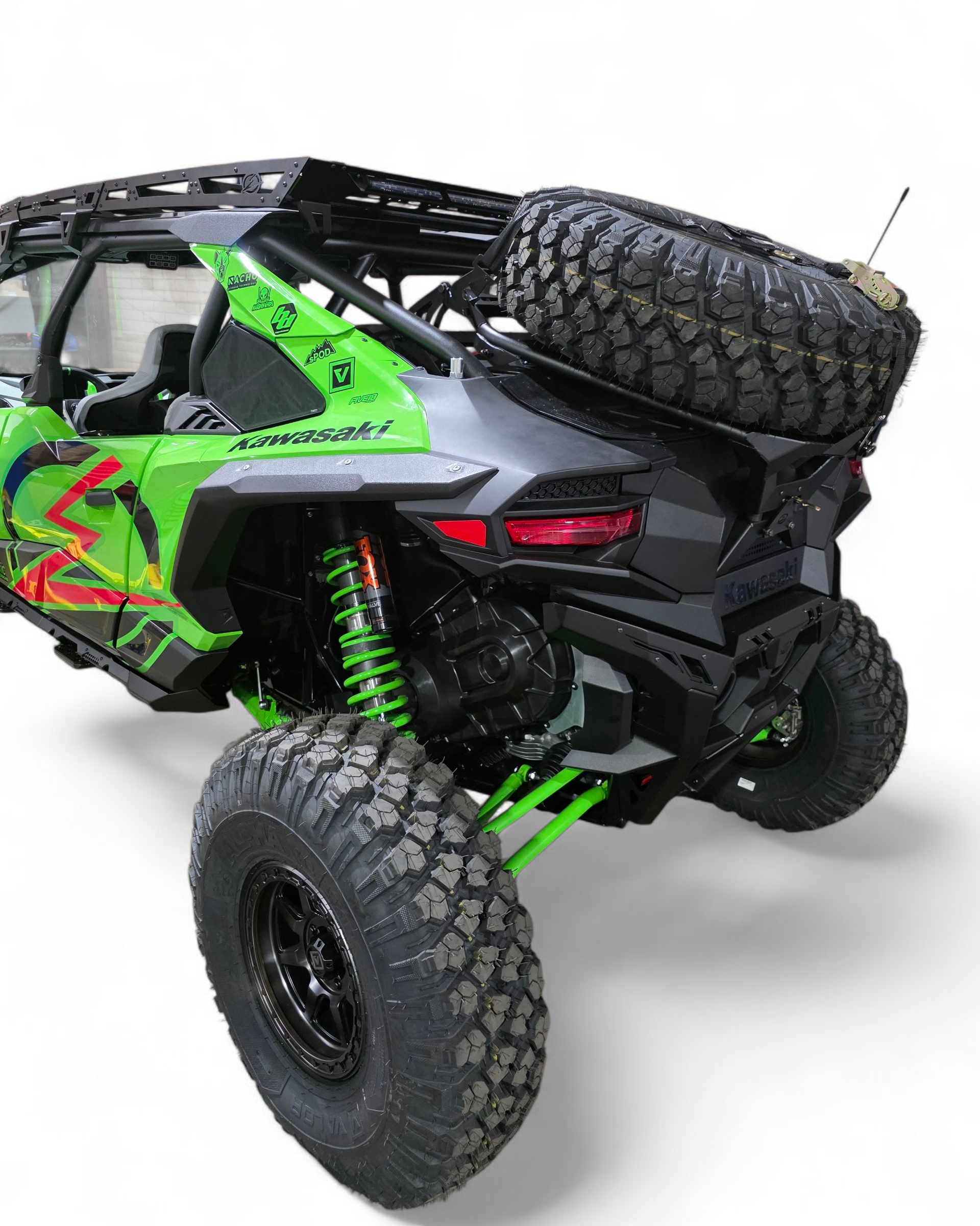 Gas strut detail on Kawasaki Teryx H2 Volt Baja tire rack for easy spare access