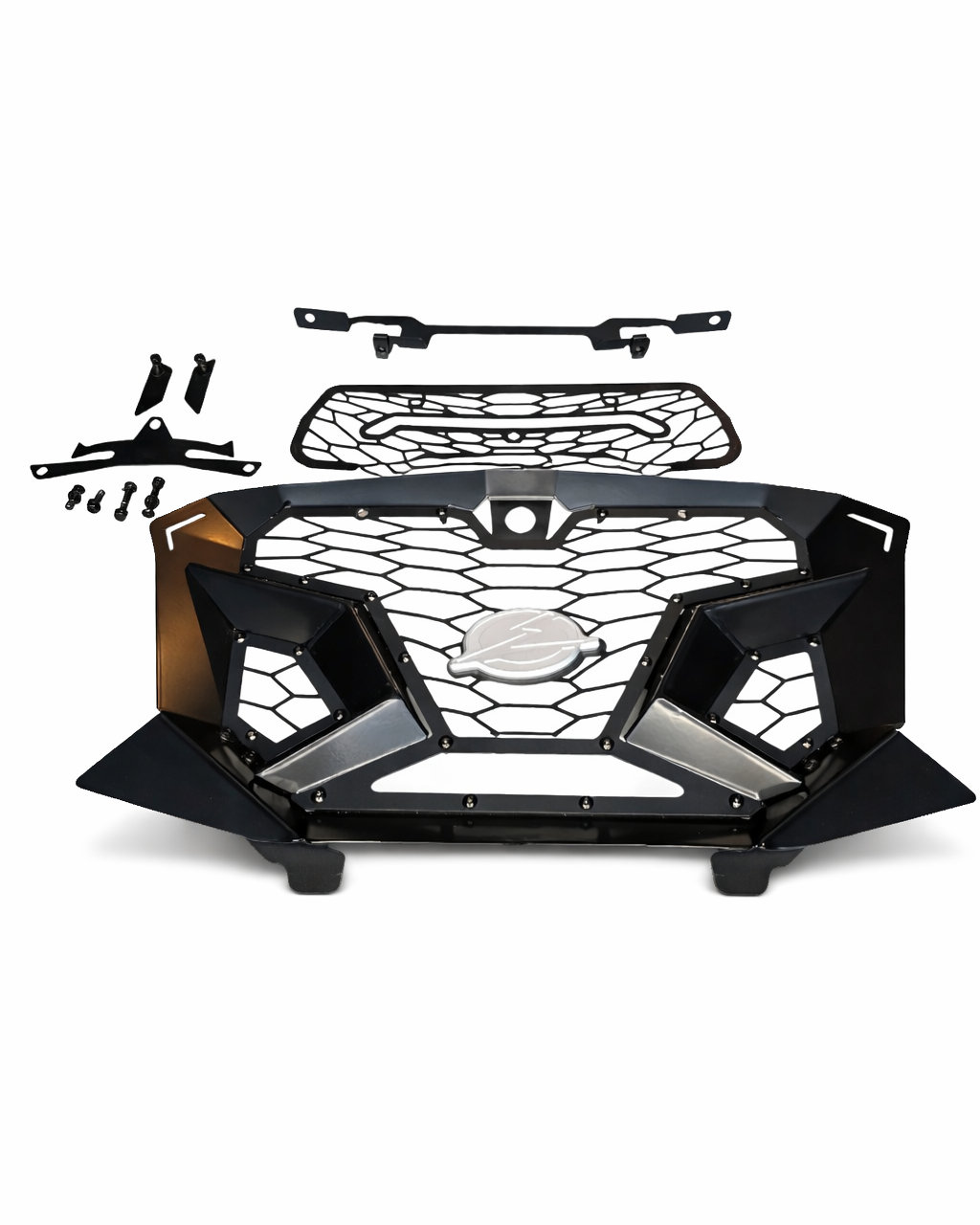 Black car grille with additional parts on a white background