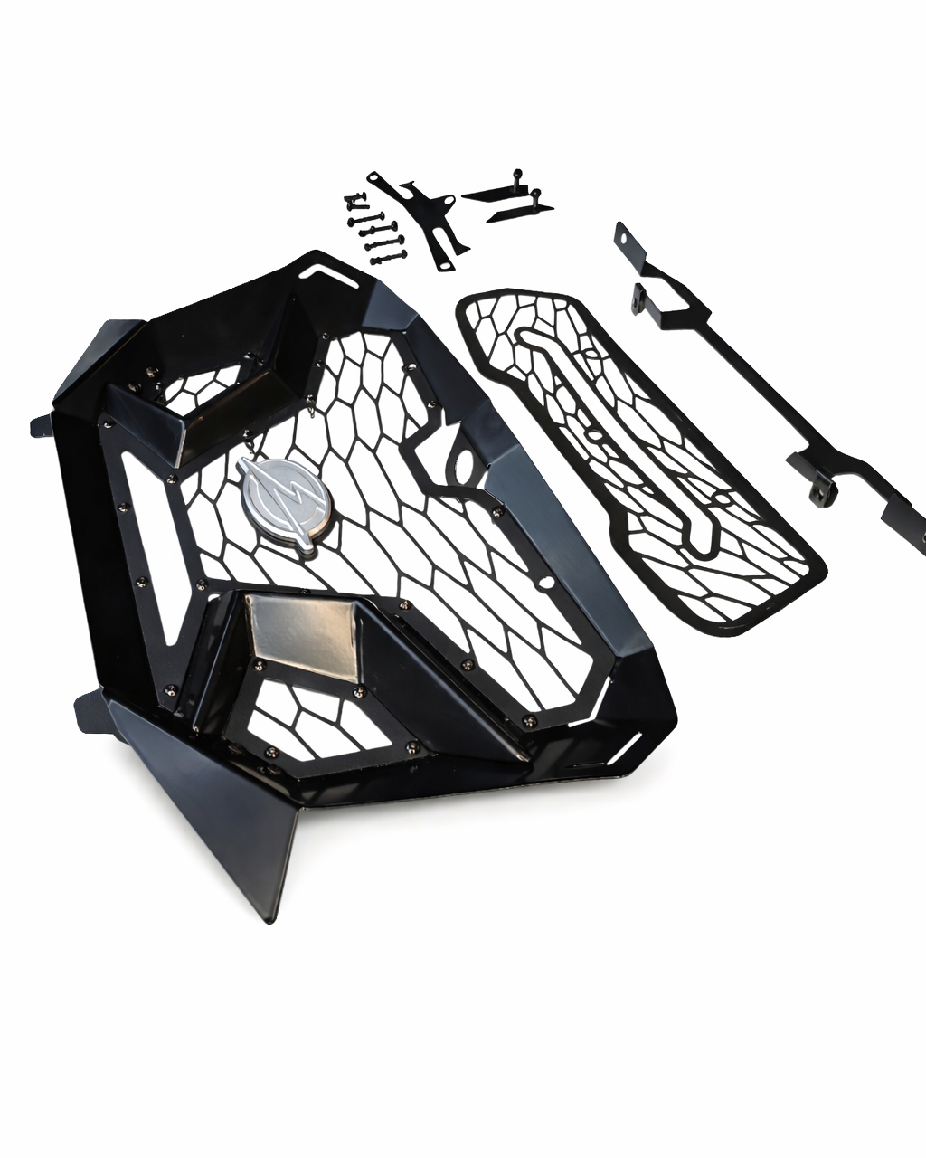 Front view of Kawasaki Teryx H2 Volt grille showing billet aluminum badge and camera integration