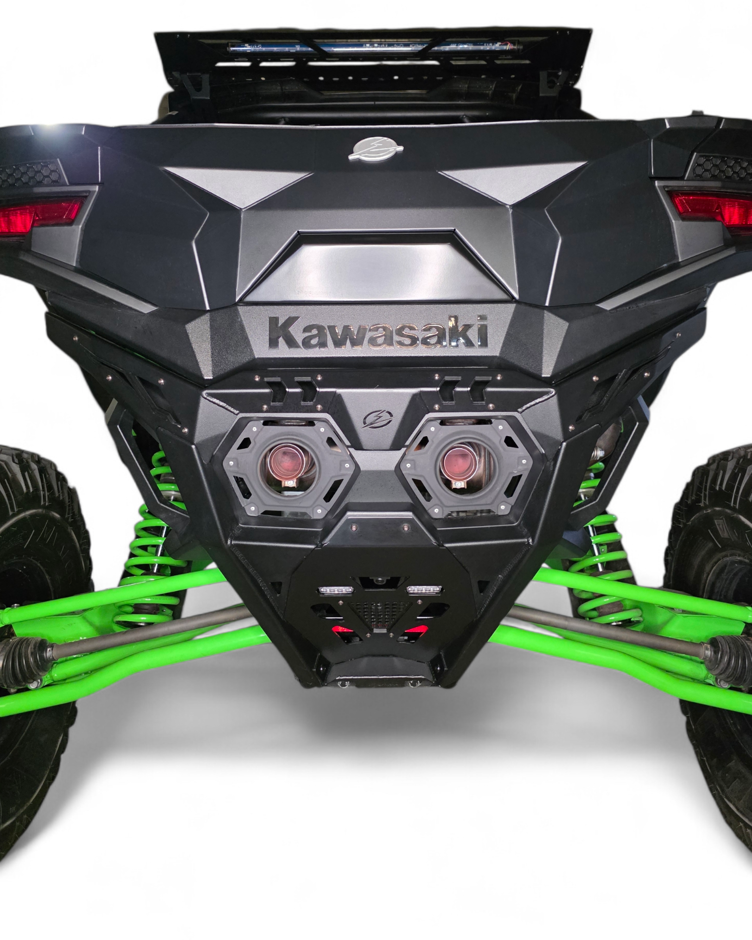Hammer black powder coat and satin black panel finish on Kawasaki Teryx H2 Volt rear bumper