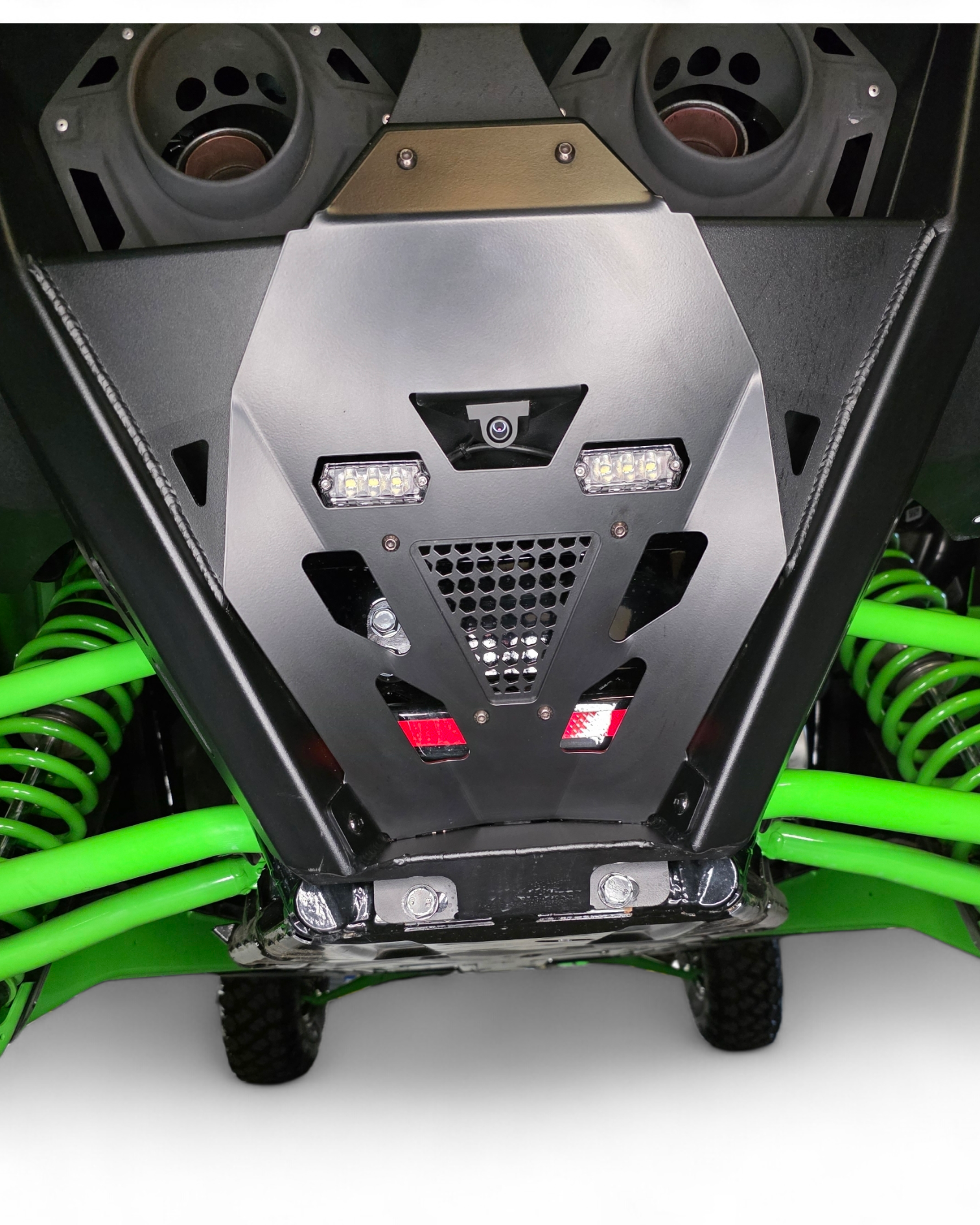 Mild steel and aluminum panel construction detail on Kawasaki Teryx H2 Volt rear bumper