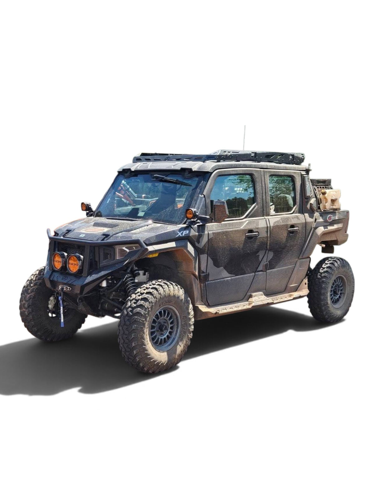 Camouflage-wrapped Polaris Xpedition with the EOD roof rack, front three-quarter view