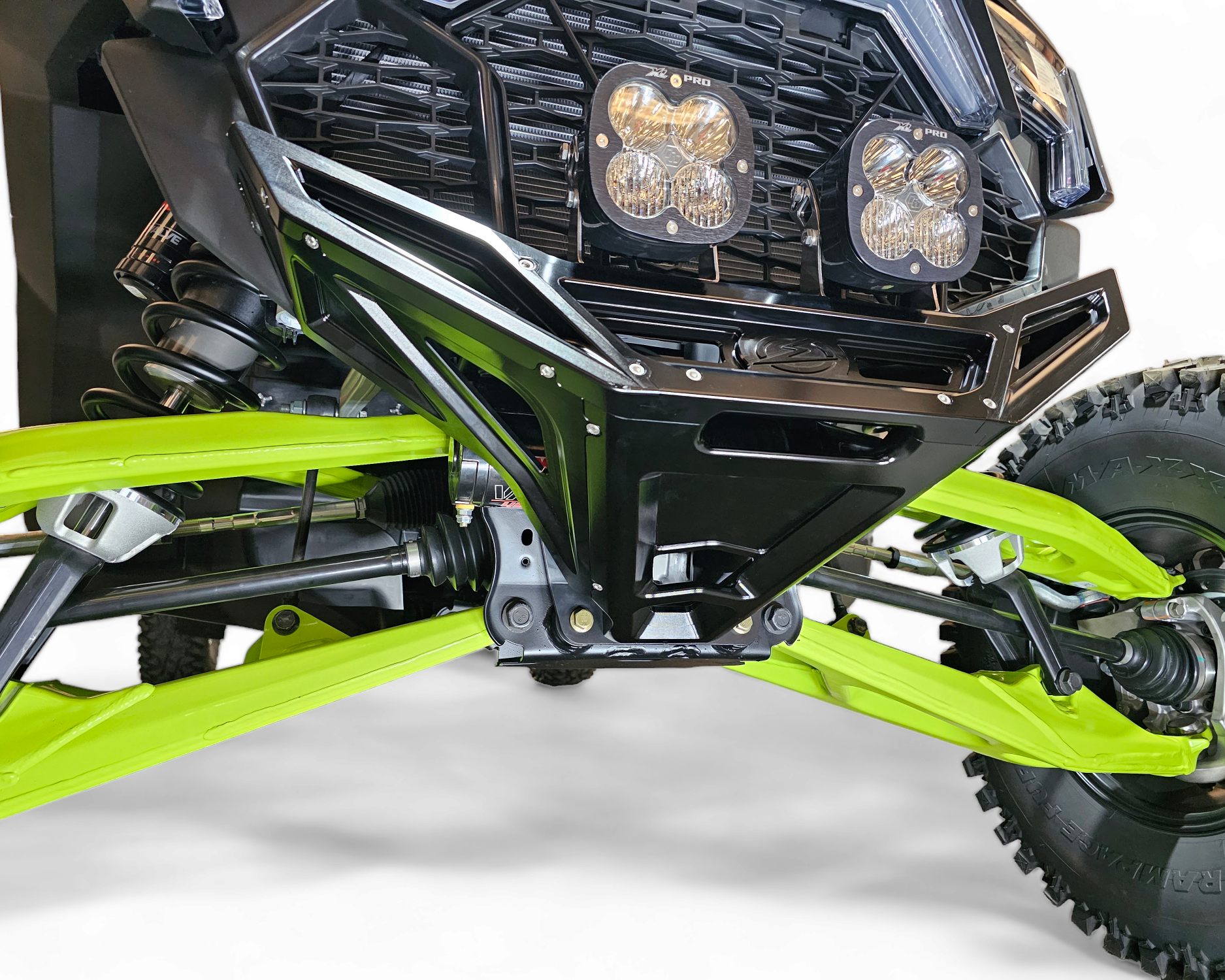 Billet Volt Front Winch Bumper in black hard anodize on Polaris RZR Pro R showing machined aluminum construction