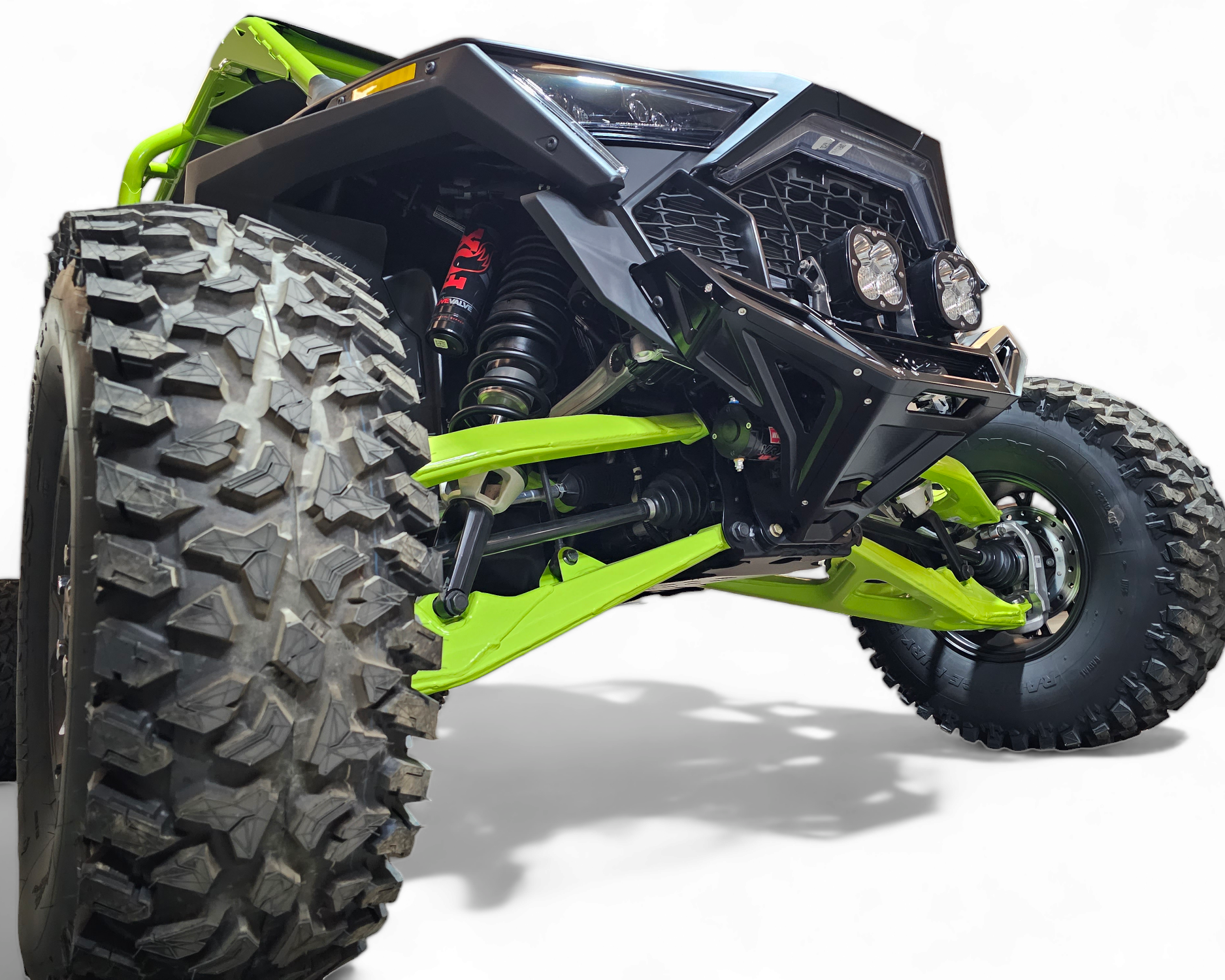 Dual universal light mount detail on Polaris RZR billet front winch bumper