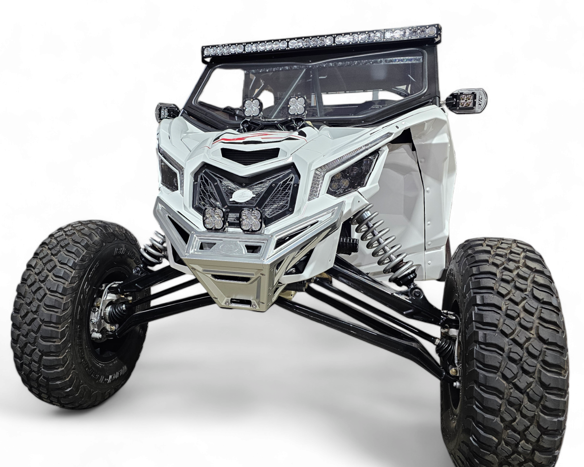 Clear anodized finish detail on machined billet aluminum Can-Am Maverick X3 front winch bumper showing surface texture