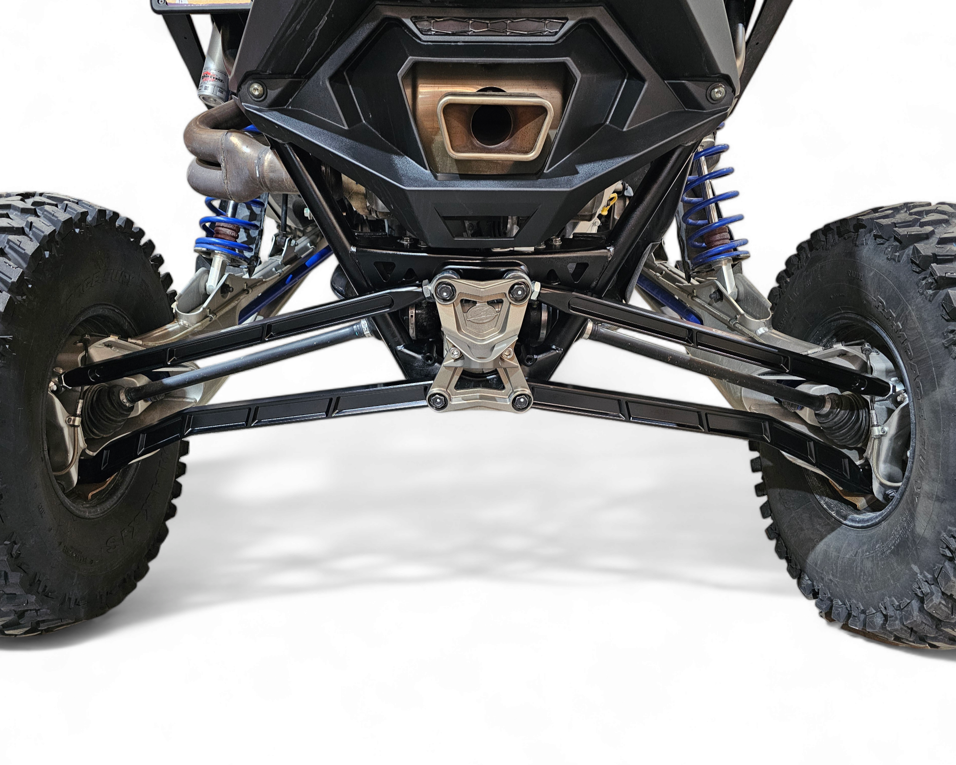 High Clearance Radius Rods in black hard anodize for Polaris RZR Pro R showing 6061 billet aluminum construction