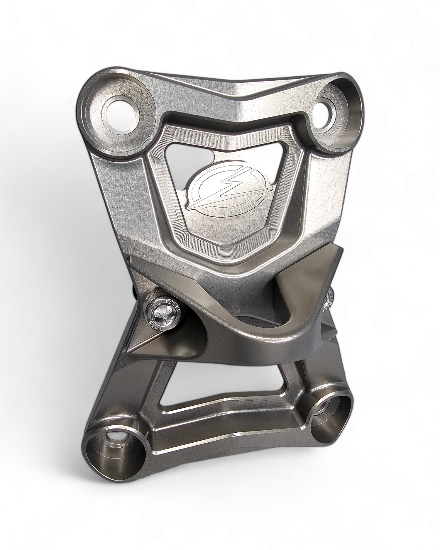 Radius Rod Plate with Tow Hook in gunmetal anodize on Polaris RZR Pro R showing 6061 billet aluminum and recovery hook