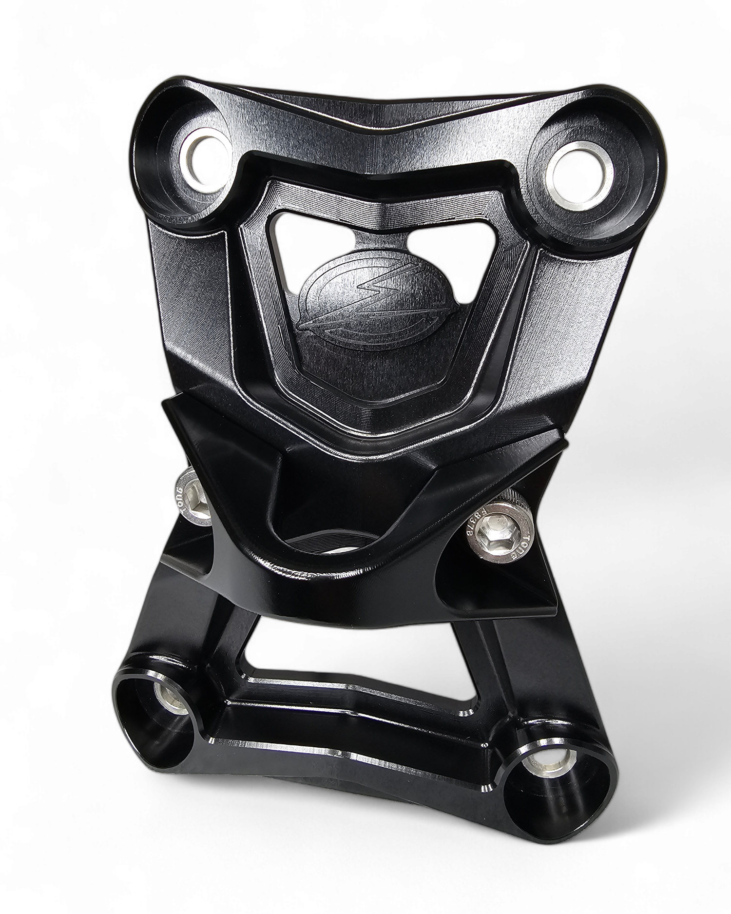 Radius Rod Plate with Tow Hook in black anodize on Polaris RZR Pro R showing 6061 billet aluminum and recovery hook