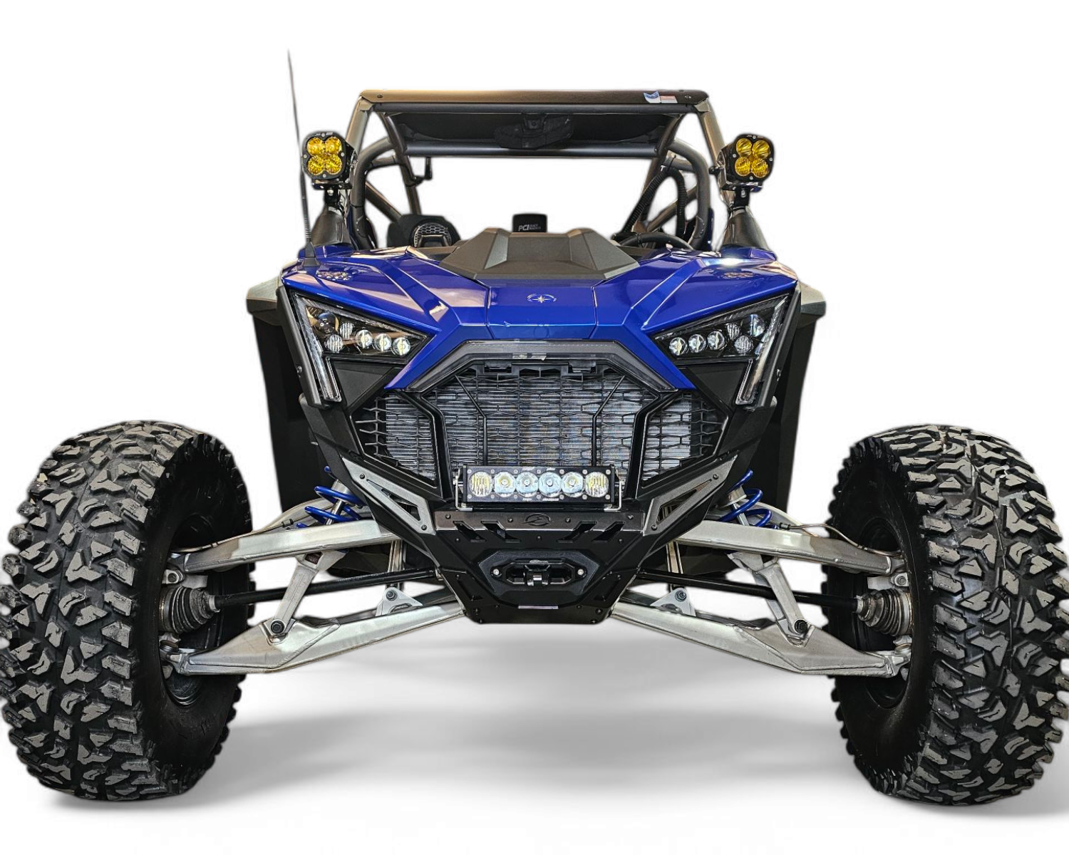 Integrated light mount locations on Polaris RZR Pro R Volt front winch bumper