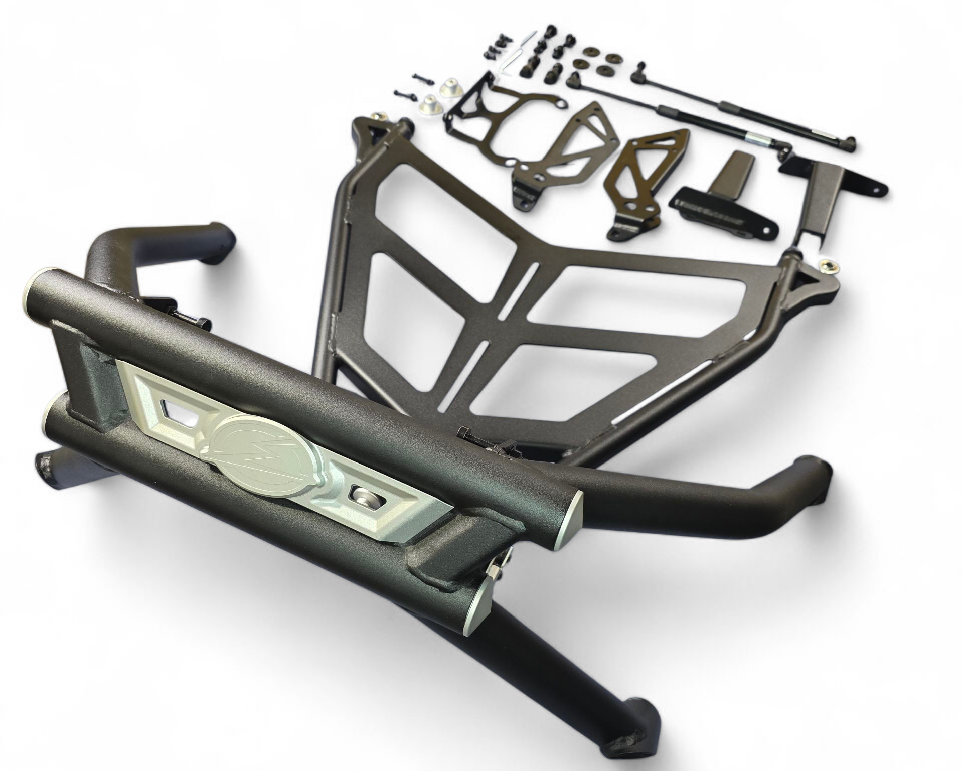 Integrated rear protection and tire carry shown on Polaris RZR Pro R combo