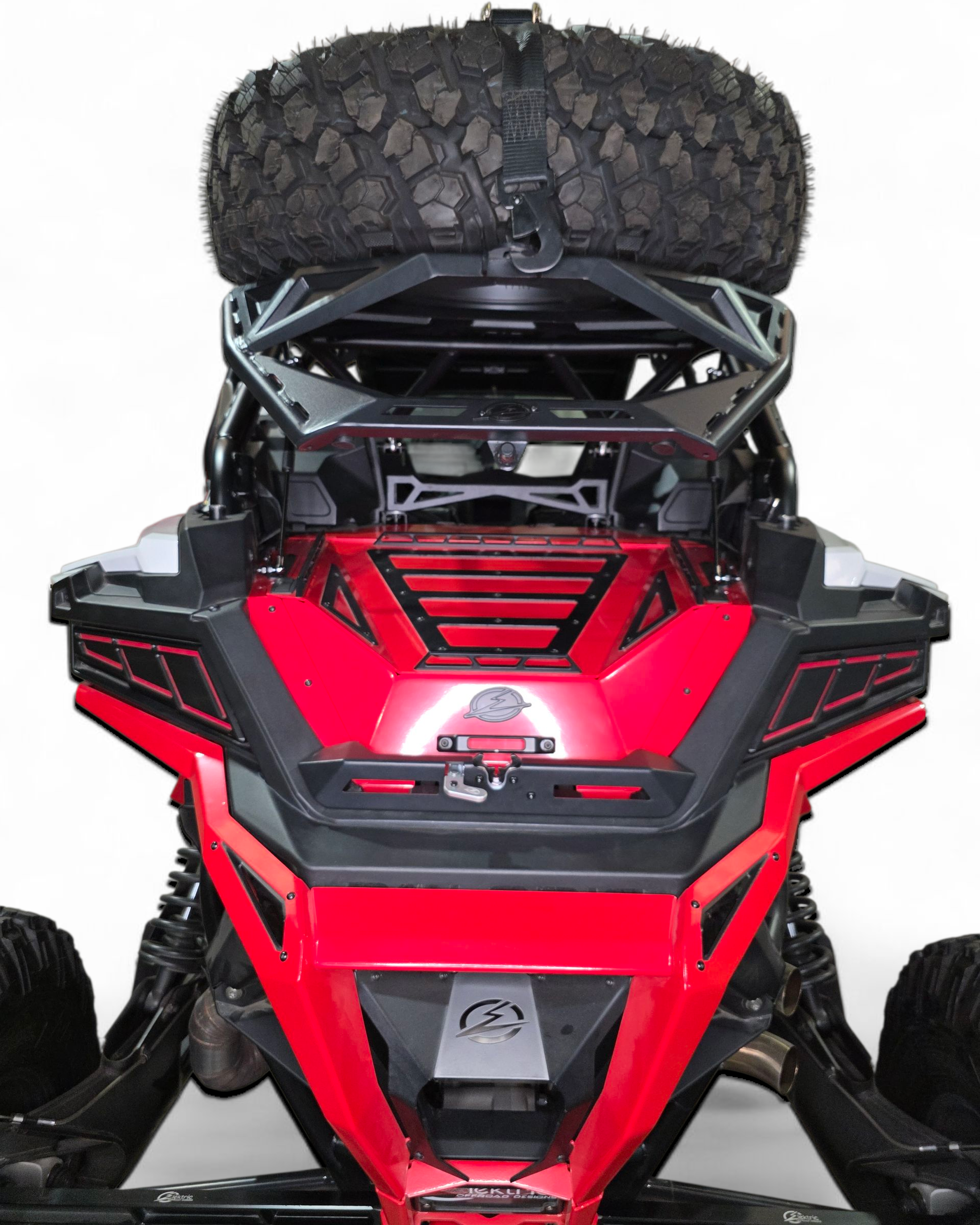 Polaris RZR tire rack pivoted open for access showing storage underneath