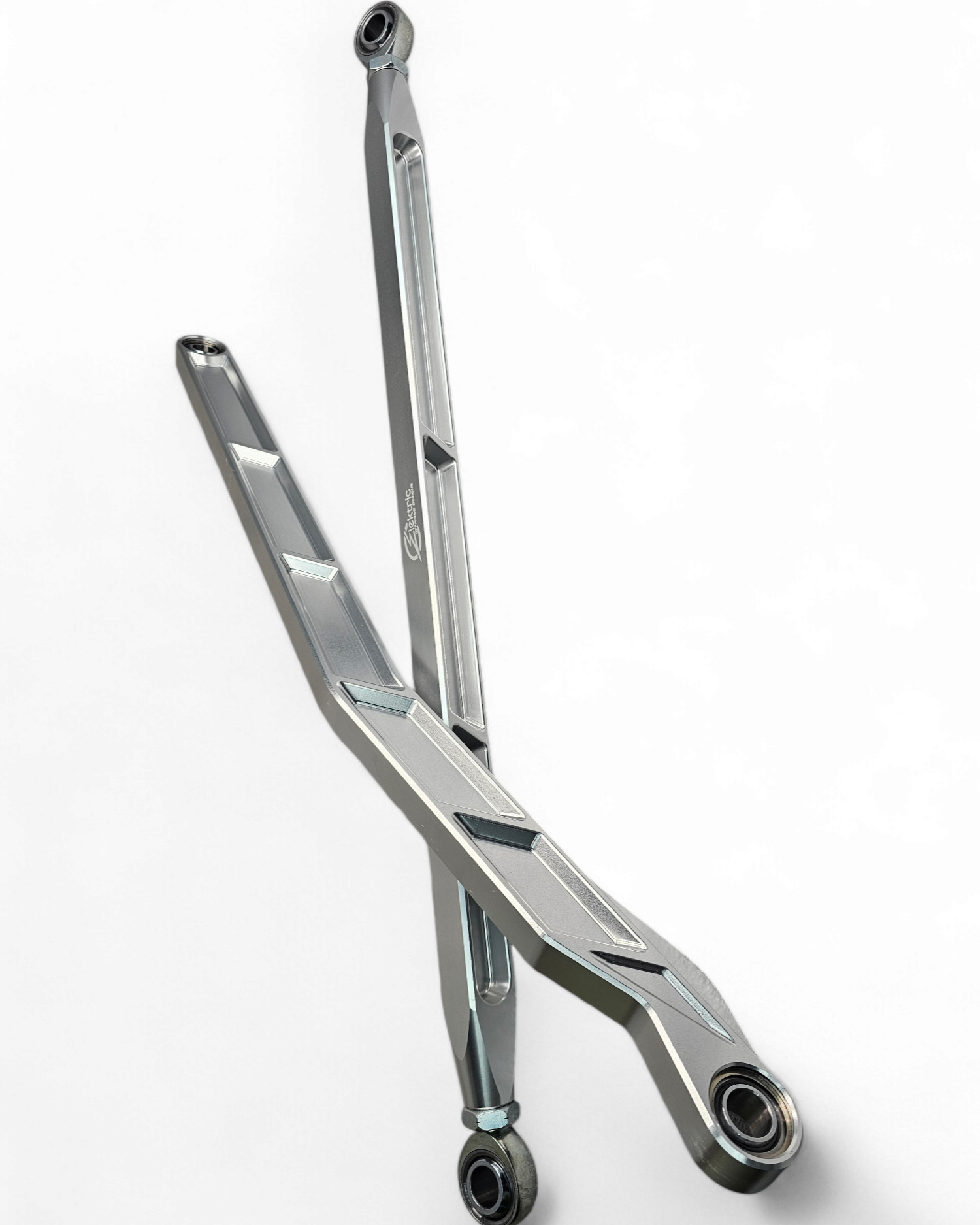 Dual Heim joint upper link on Polaris RZR Pro R clear radius rods showing adjustability