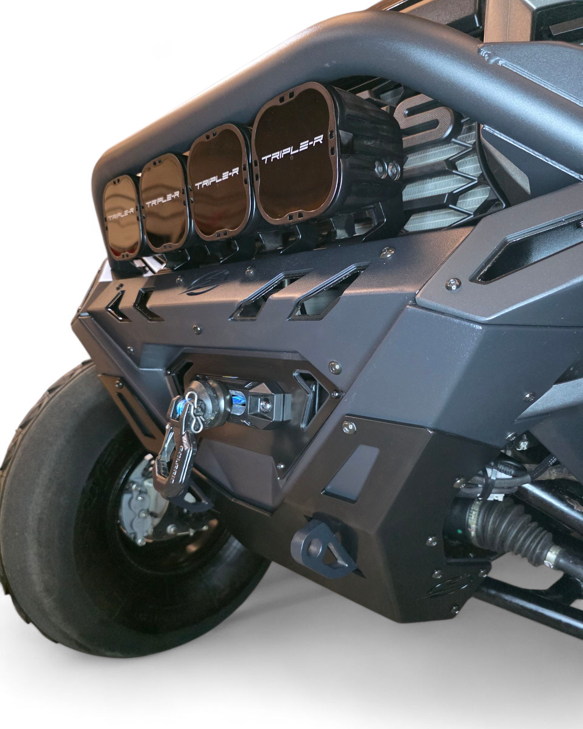 Hammer black finish texture close-up on Polaris Ranger 1500 Volt front winch bumper