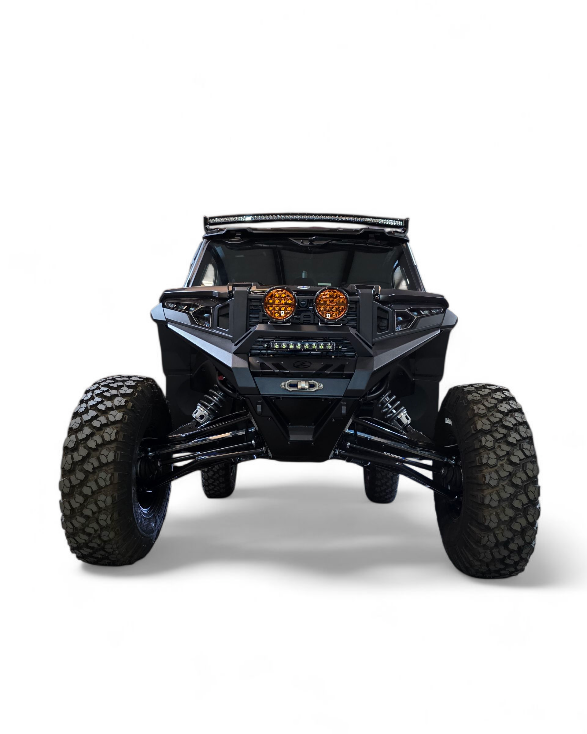 Direct front view of Polaris Xpedition HDX Winch Bumper showing standard small hoop and universal light mounts