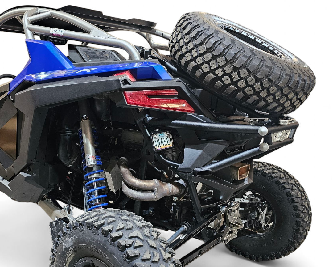 Dual gas strut storage access on Polaris RZR Pro R rear bumper tire rack combo