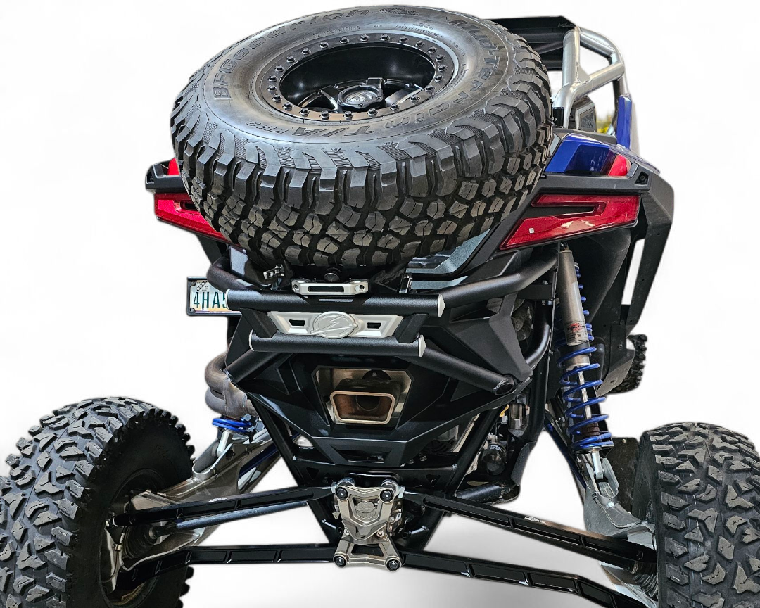 Spare tire carrier with Y-strap hold-down mounts on Polaris RZR Pro R combo