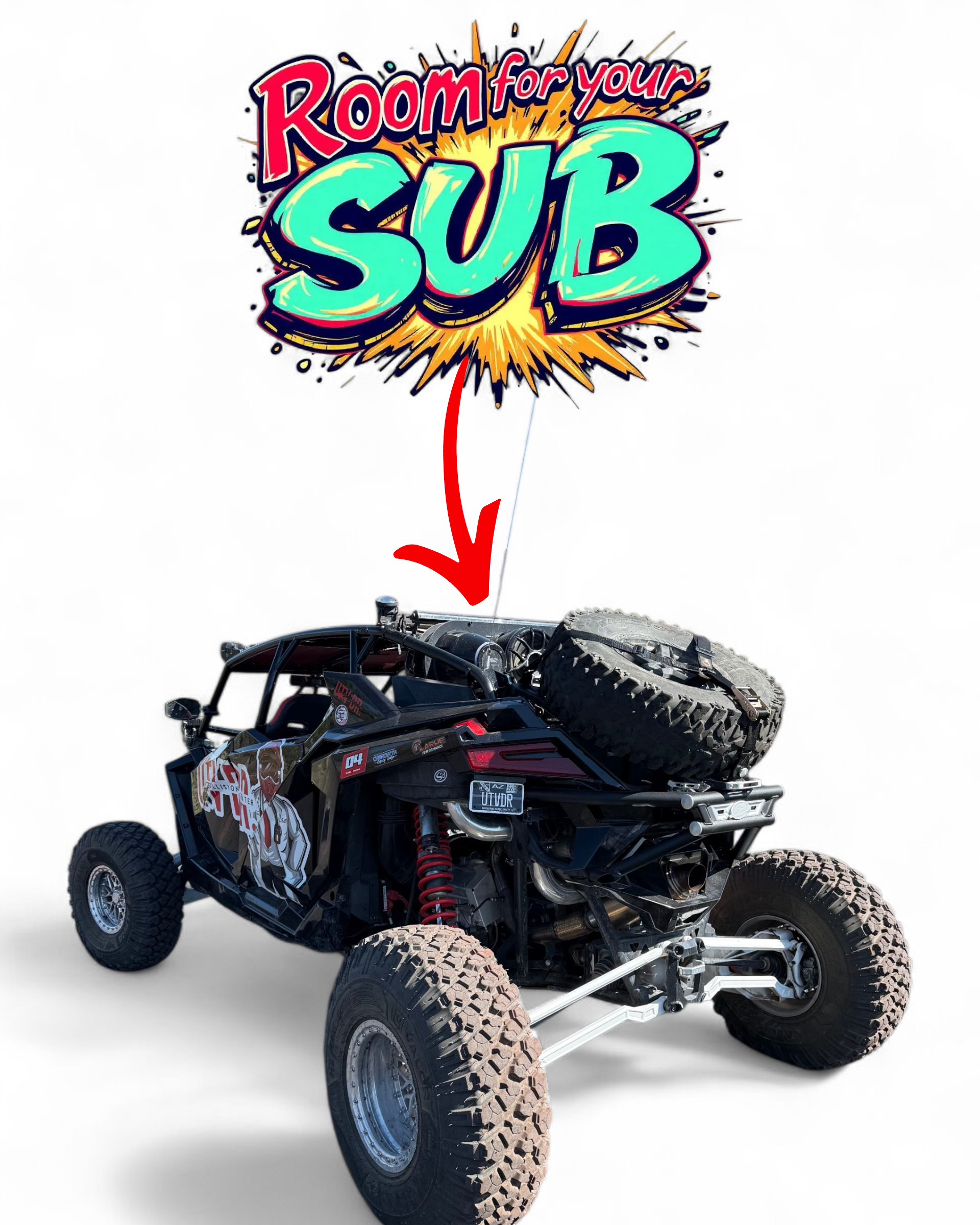 Polaris RZR Pro R combo shown with oversized off-road spare tire mounted