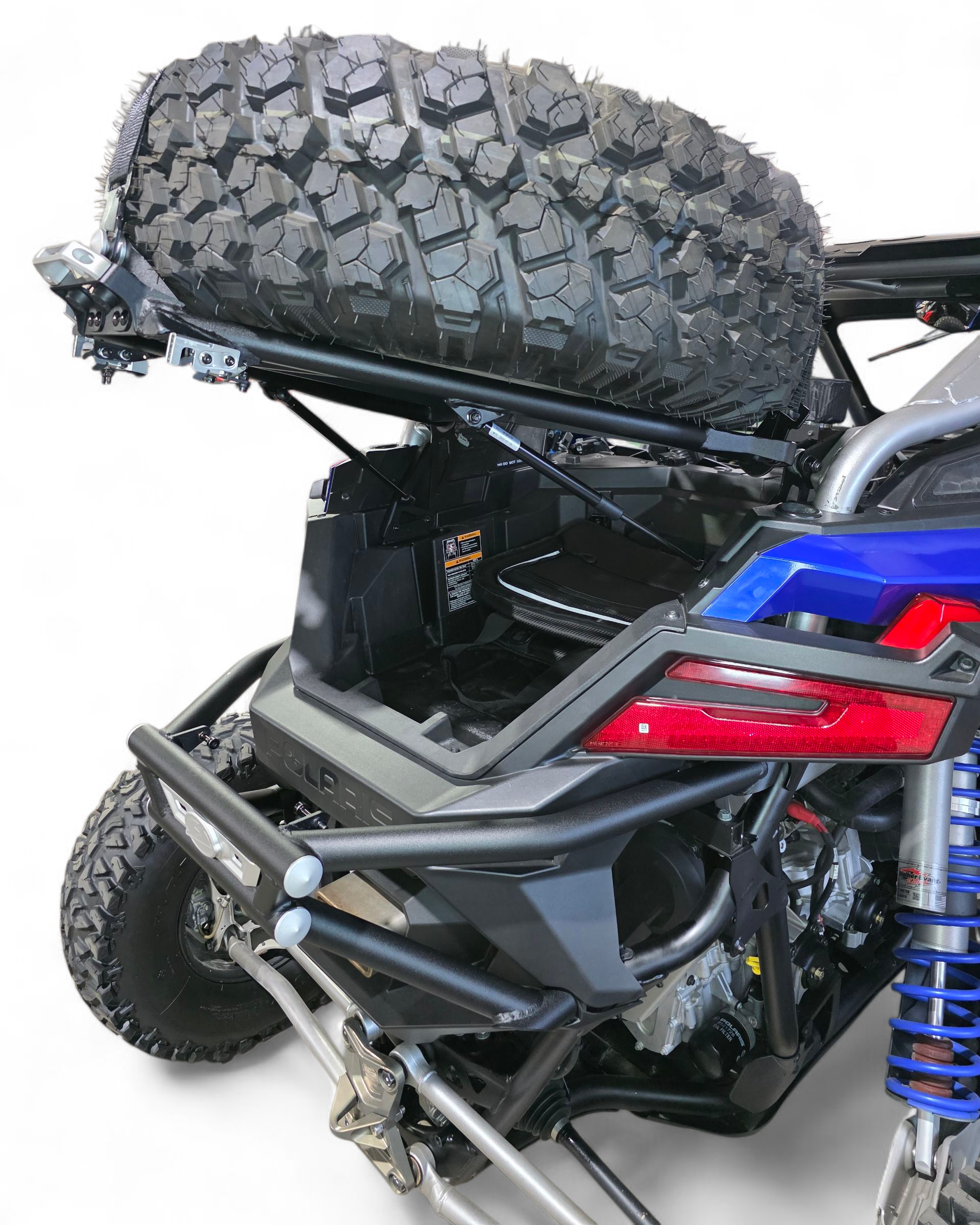 Polaris RZR Pro R rear bumper and tire carrier combo with spare tire mounted