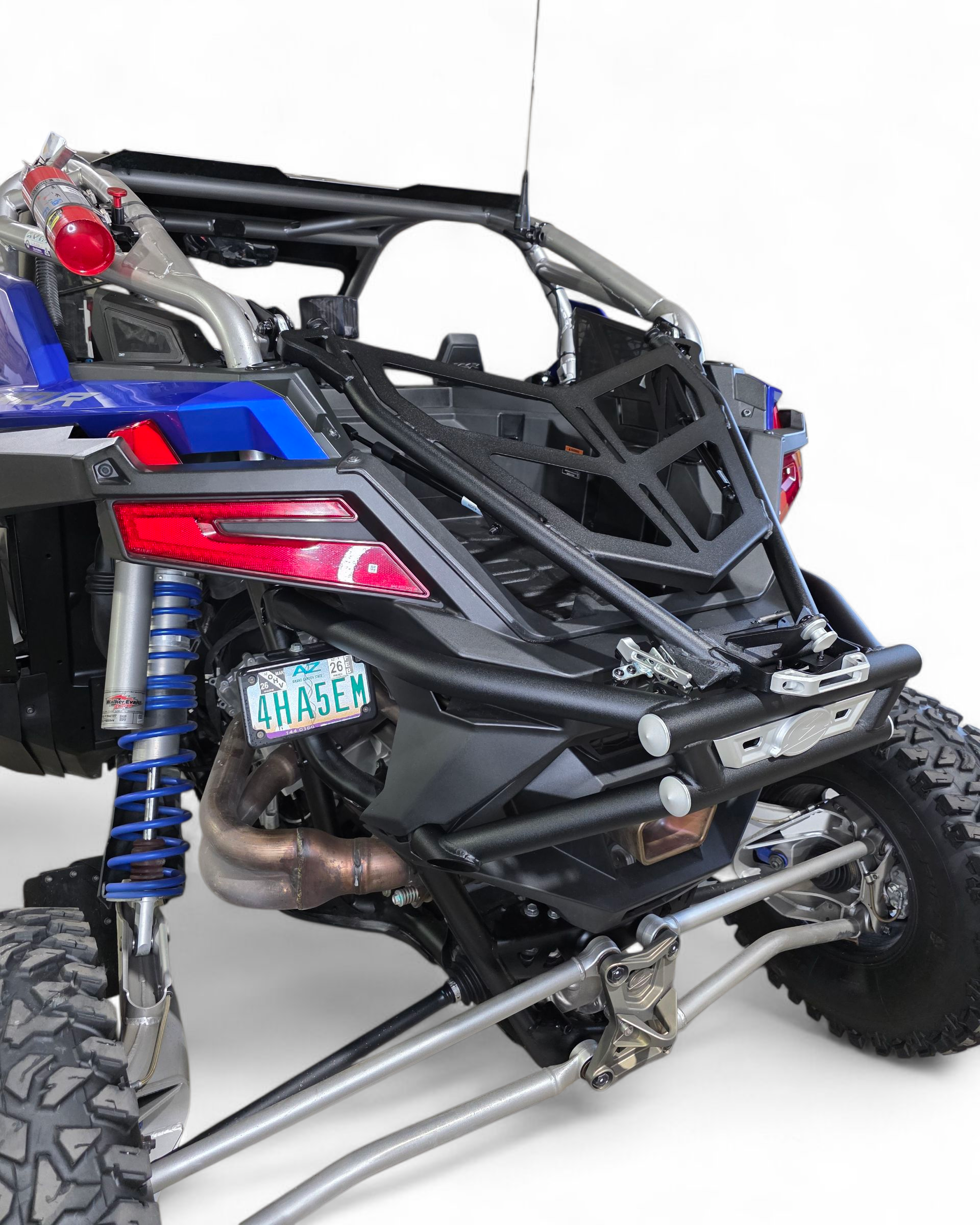 Full machine rear view of Polaris RZR Pro R with rear bumper tire rack combo and spare