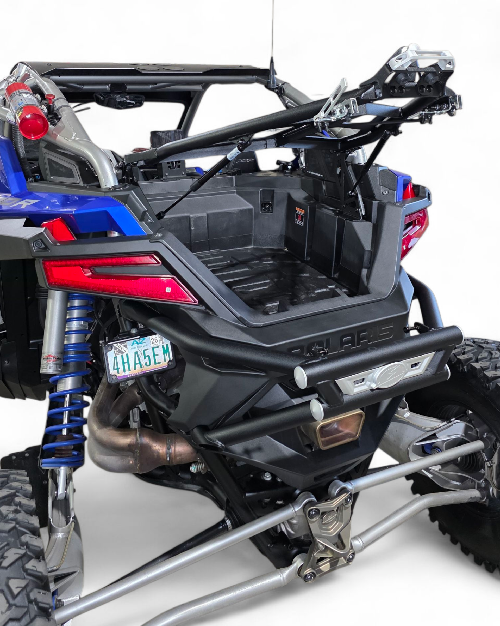 Billet aluminum trim detail on Polaris RZR Pro R Amp rear bumper tire rack combo