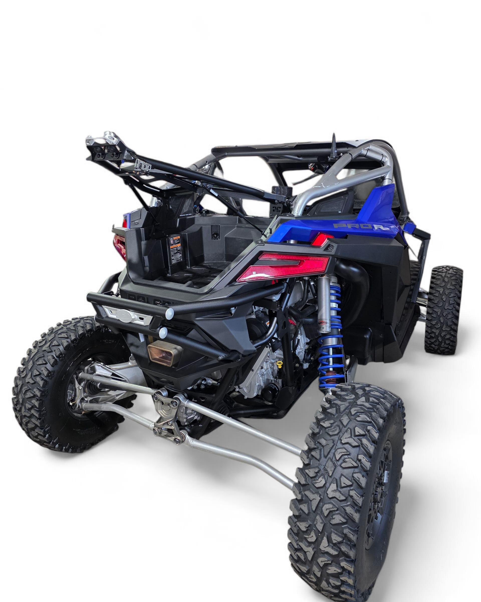 Direct rear view of Polaris RZR Pro R Amp rear bumper and tire carrier combo