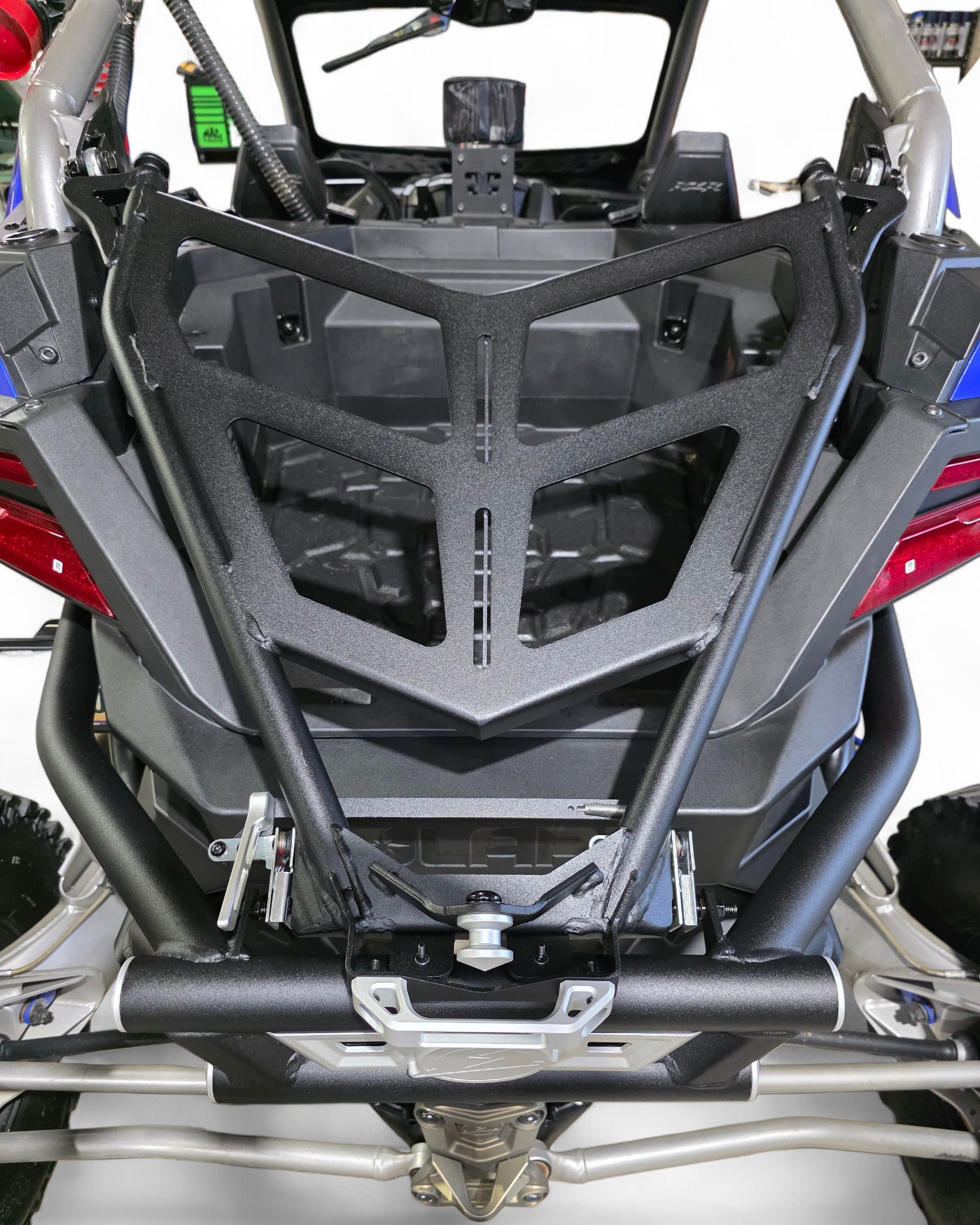 Side profile of Polaris RZR Pro R rear bumper tire rack combo