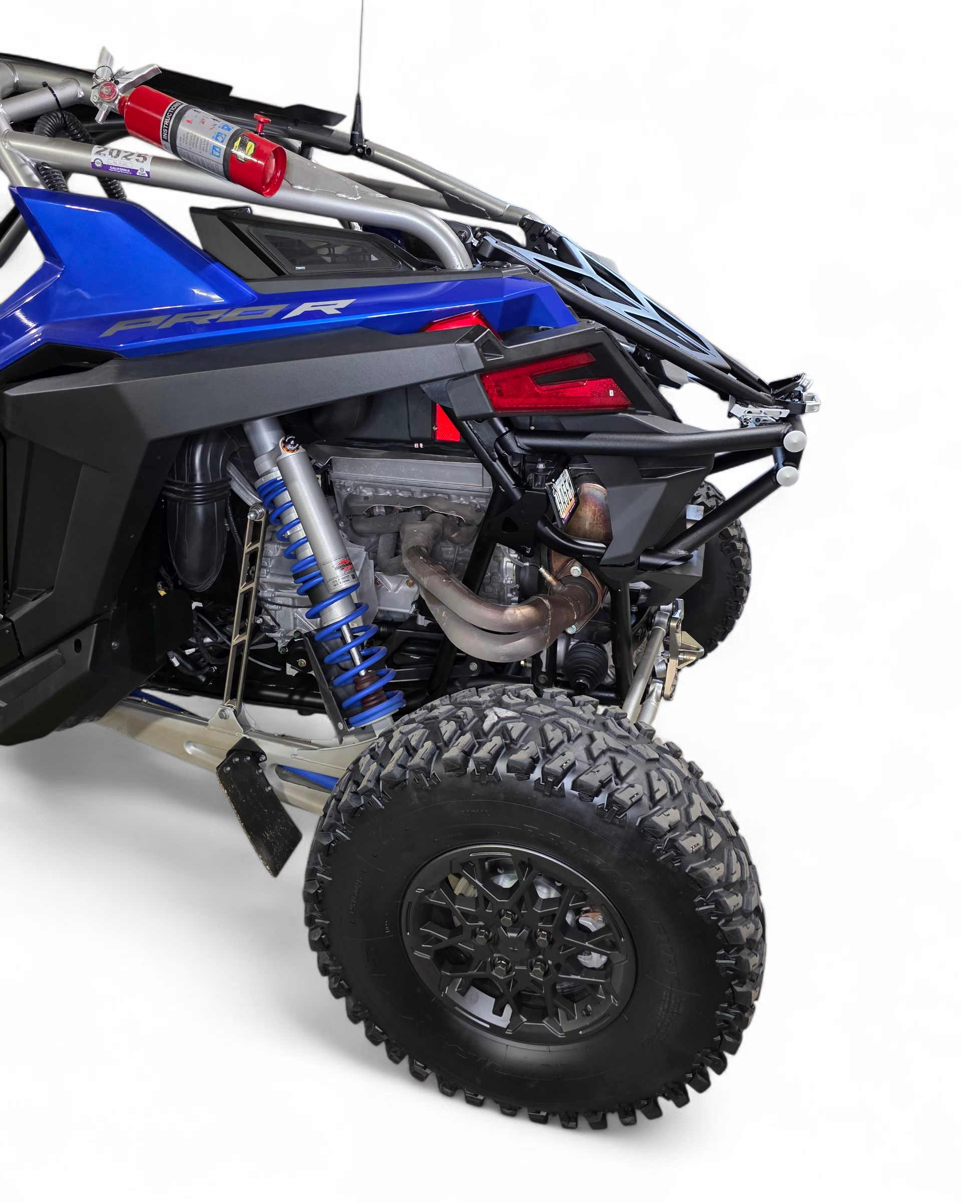 Passenger side view of Polaris RZR Pro R rear bumper and tire carrier combo