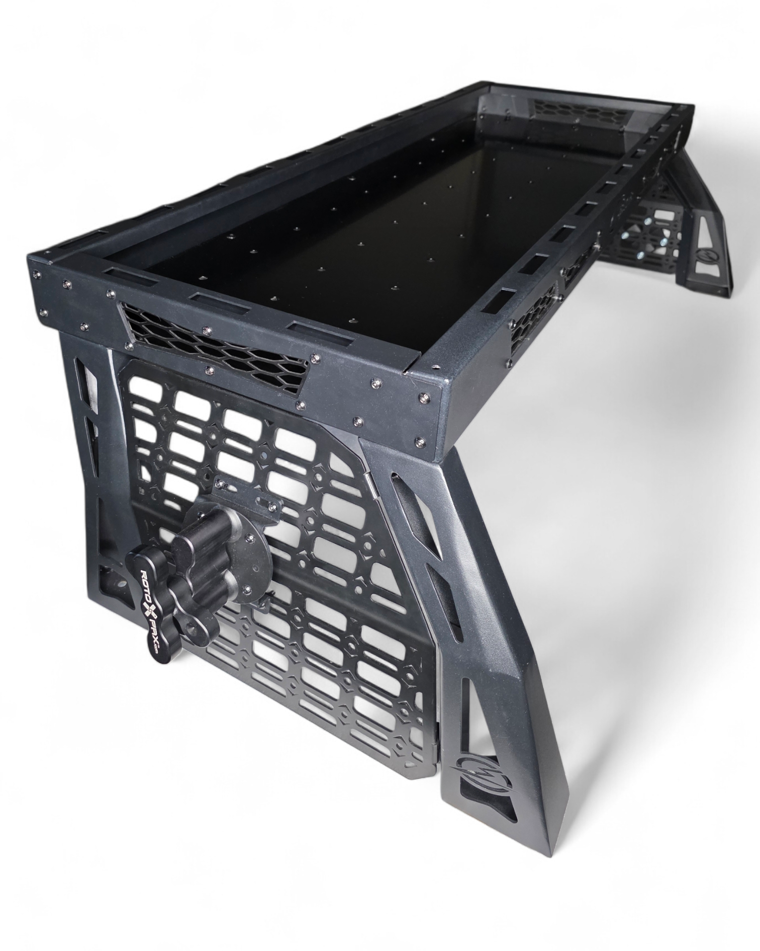 Passenger side view of Polaris Xpedition Volt bed rack